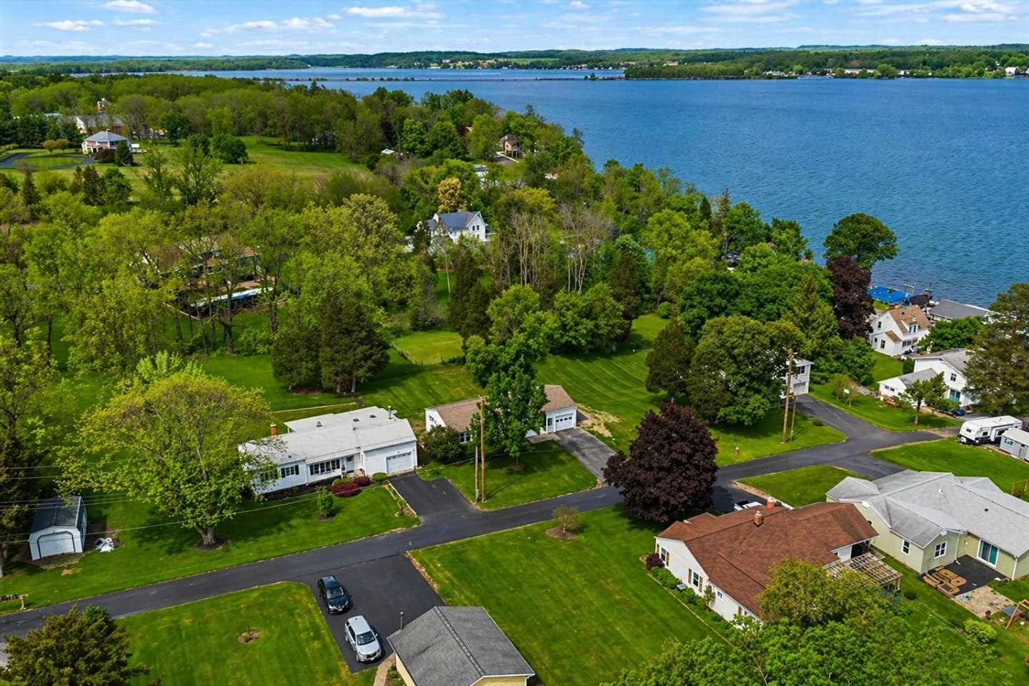 Aerial view of neighborhood near the lake