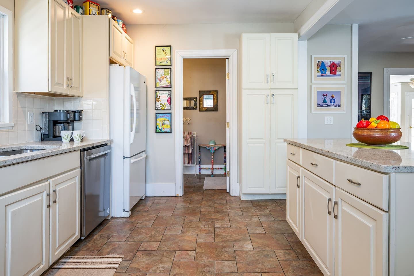 Cabinet storage beside white refrigerator