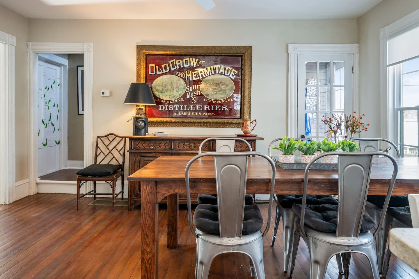 Long dining table with eight chairs