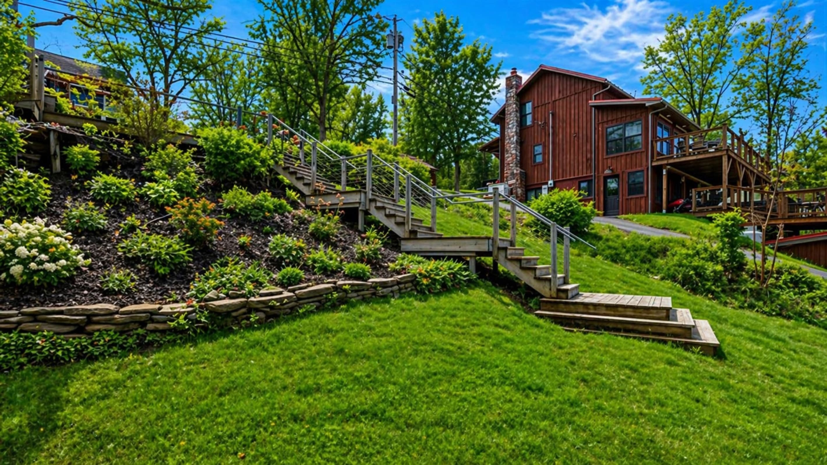Grassy yard with steps and mature trees