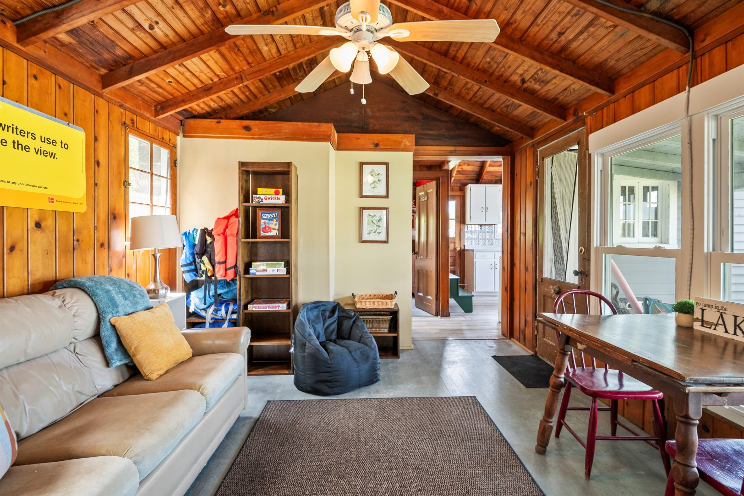 Seating area beneath ceiling fan