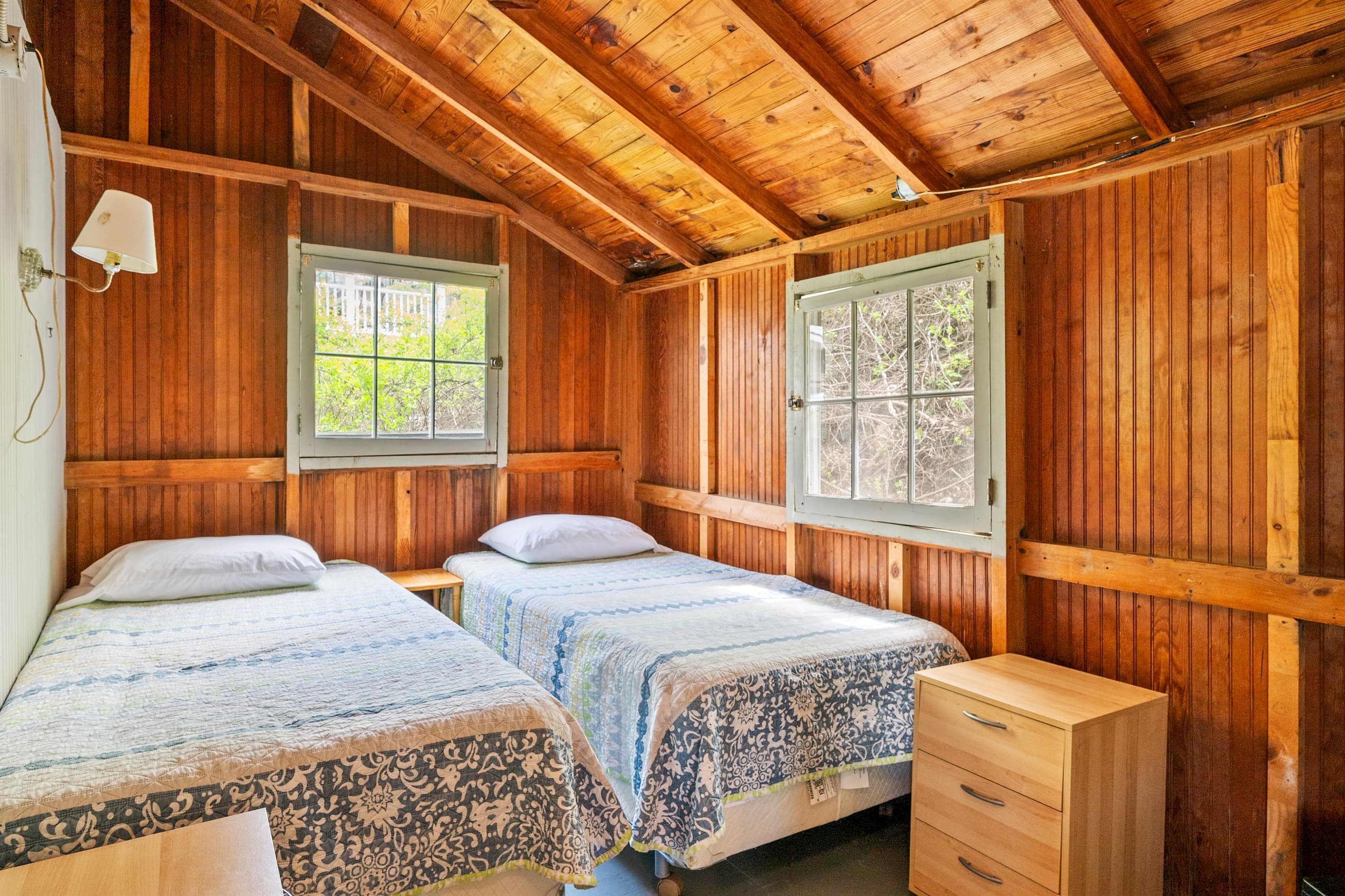 Two beds positioned beneath separate windows