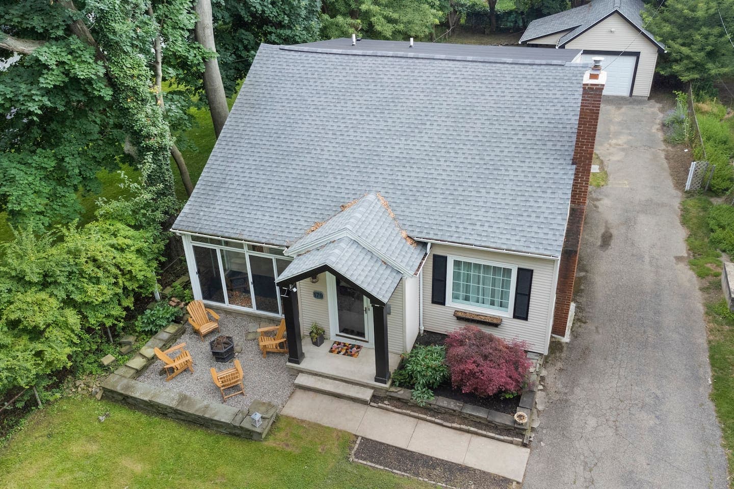 Aerial view of house and driveway