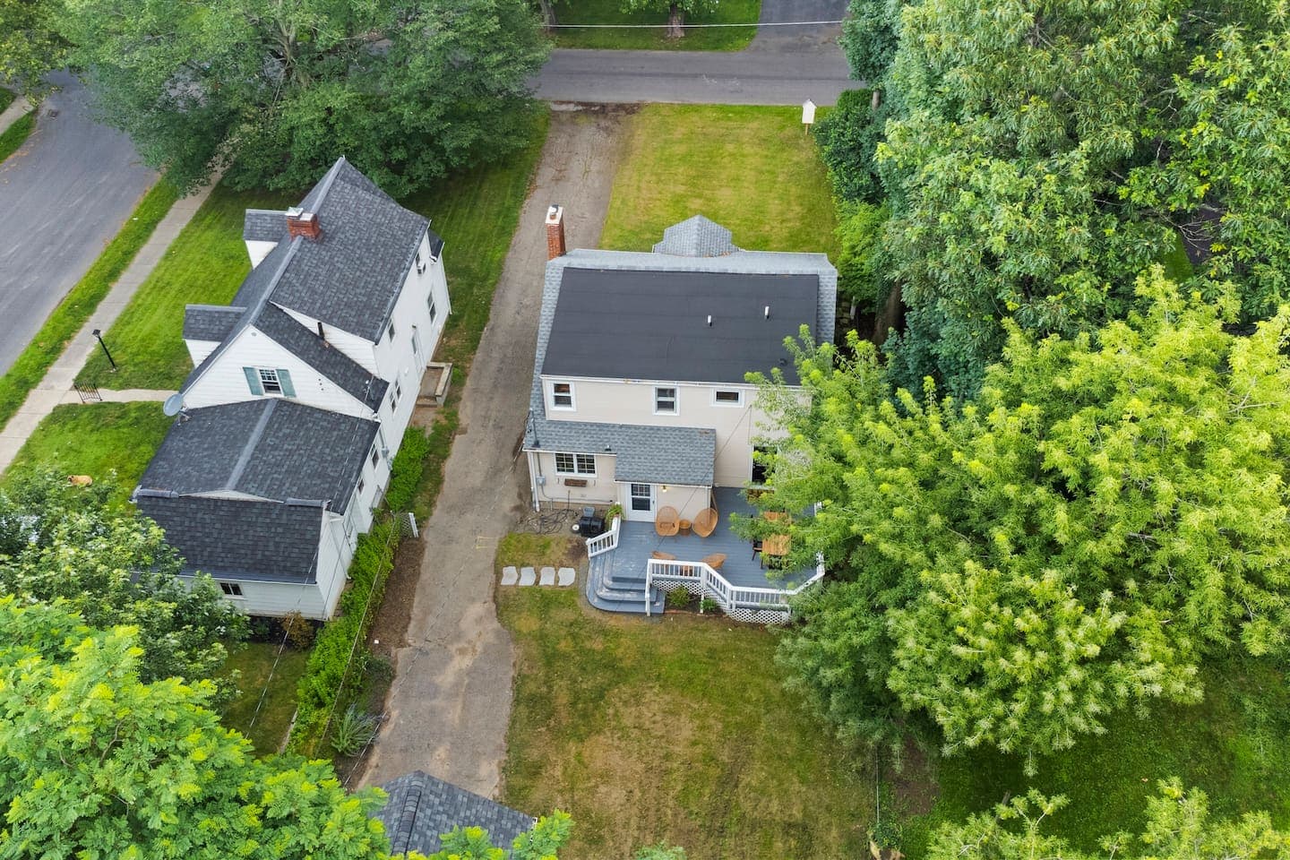 Two neighboring homes surrounded by trees