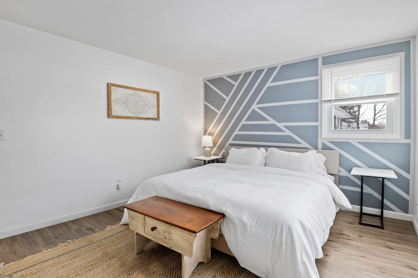 Bedroom with matching wooden nightstands