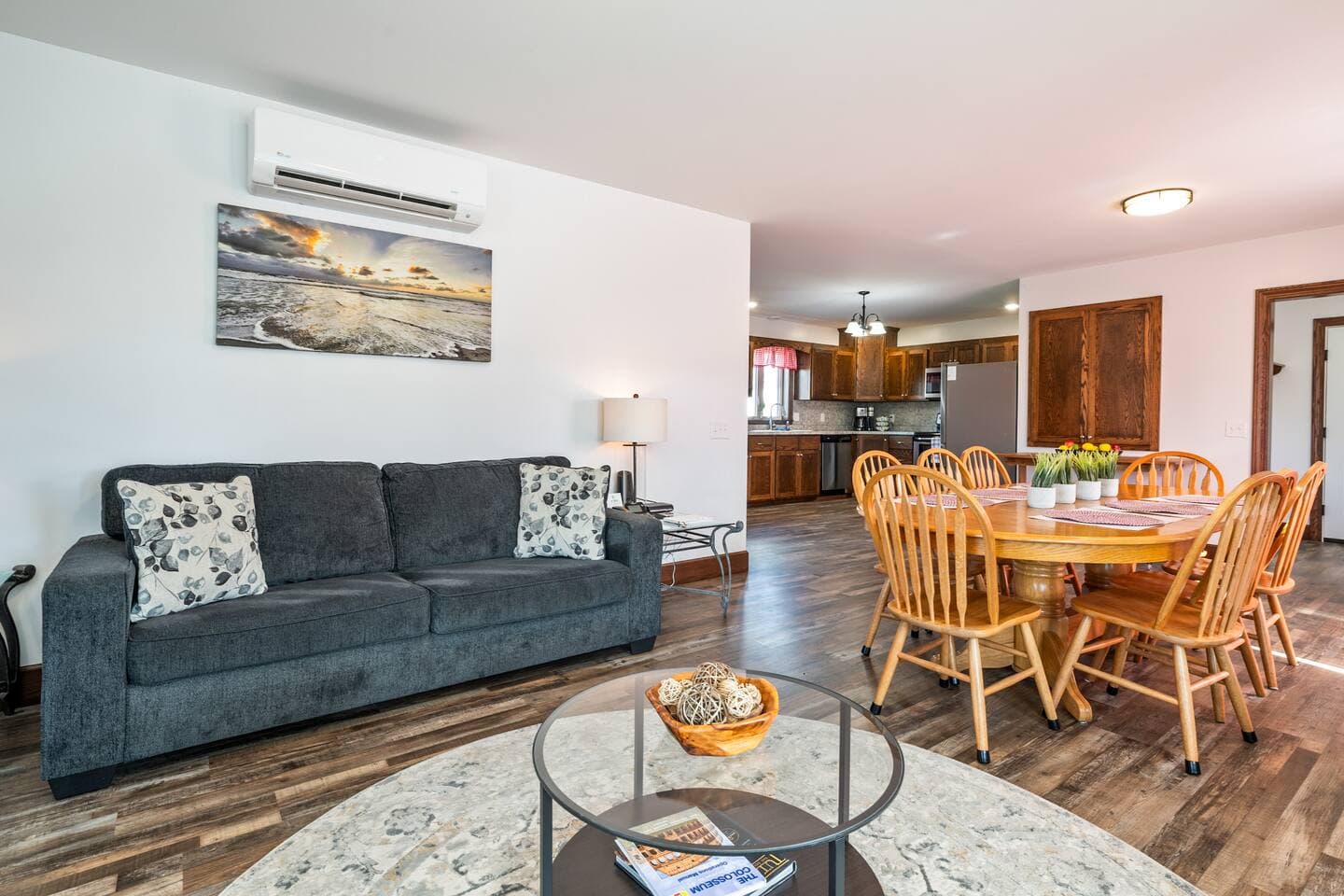 Dining area beside sofa seating