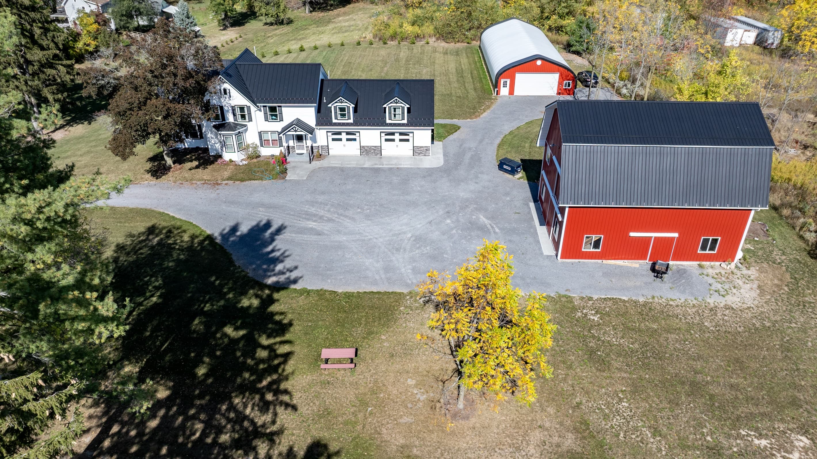 Overhead view of driveway and buildings