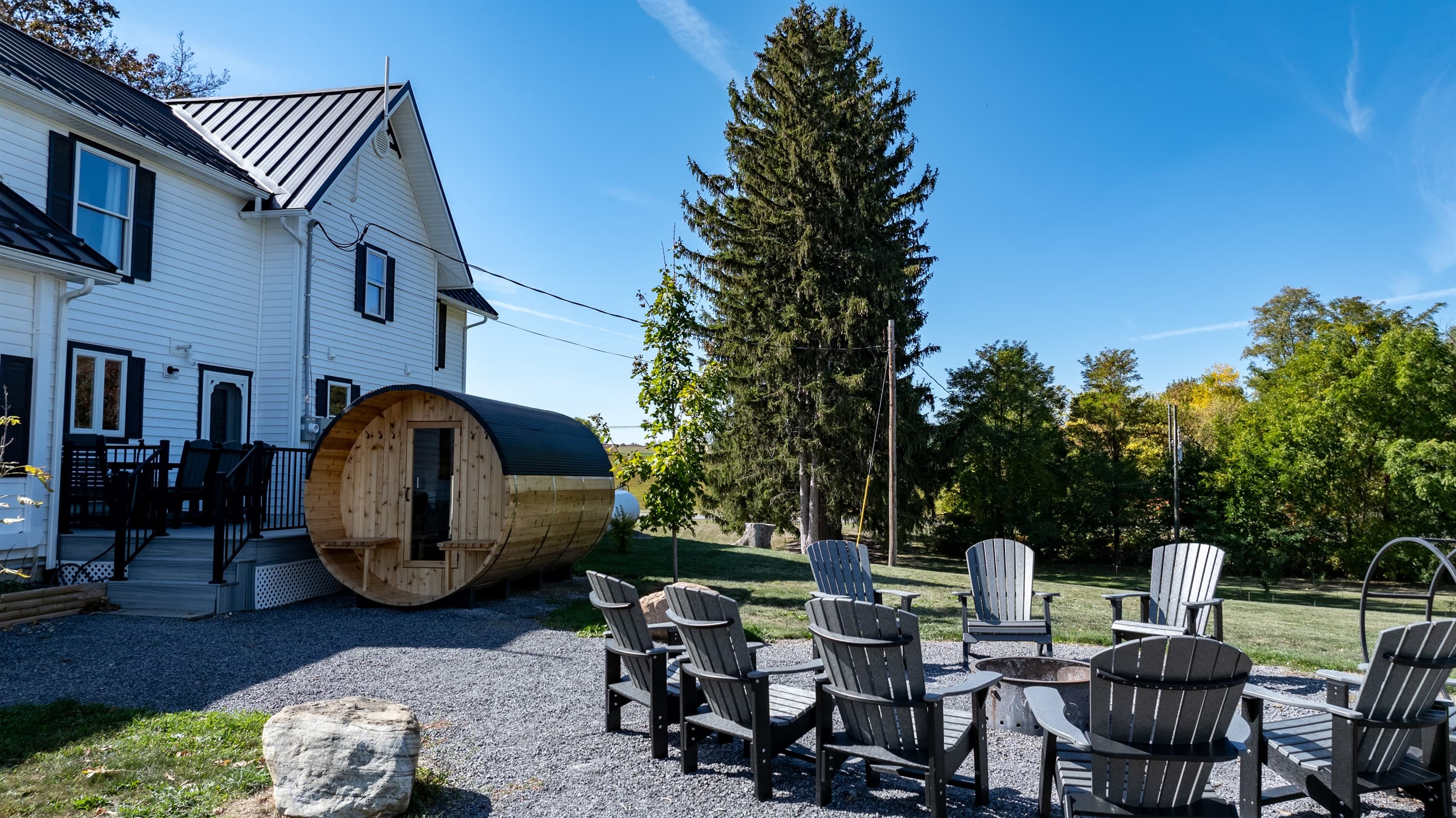 Outdoor firepit surrounded by Adirondack chairs