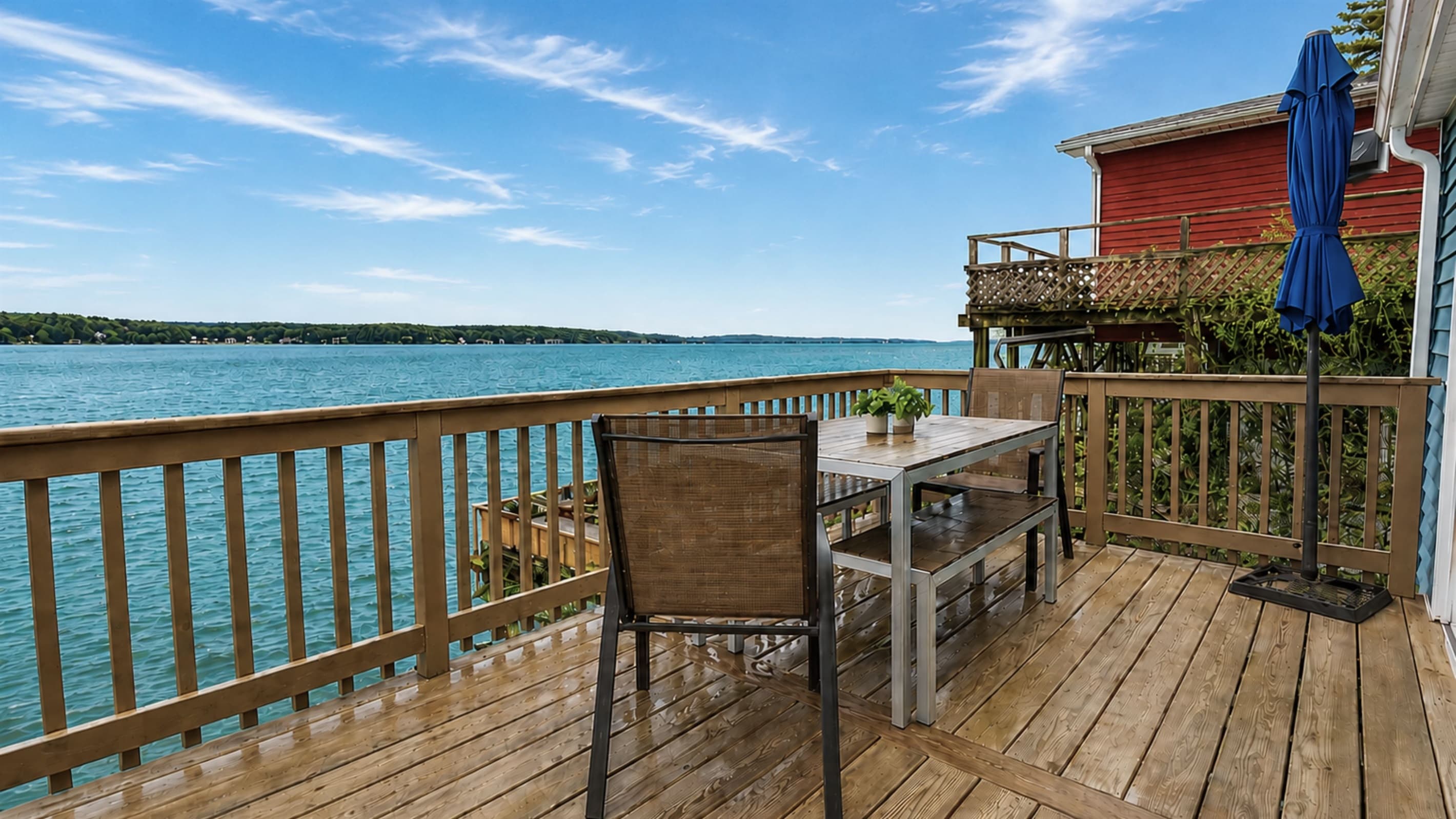 Outdoor seating on the lakeside deck