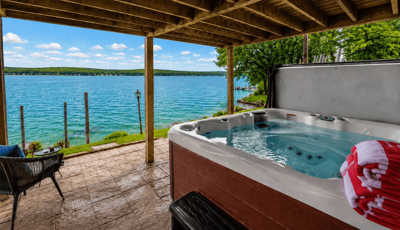 Hot tub with an open lake view