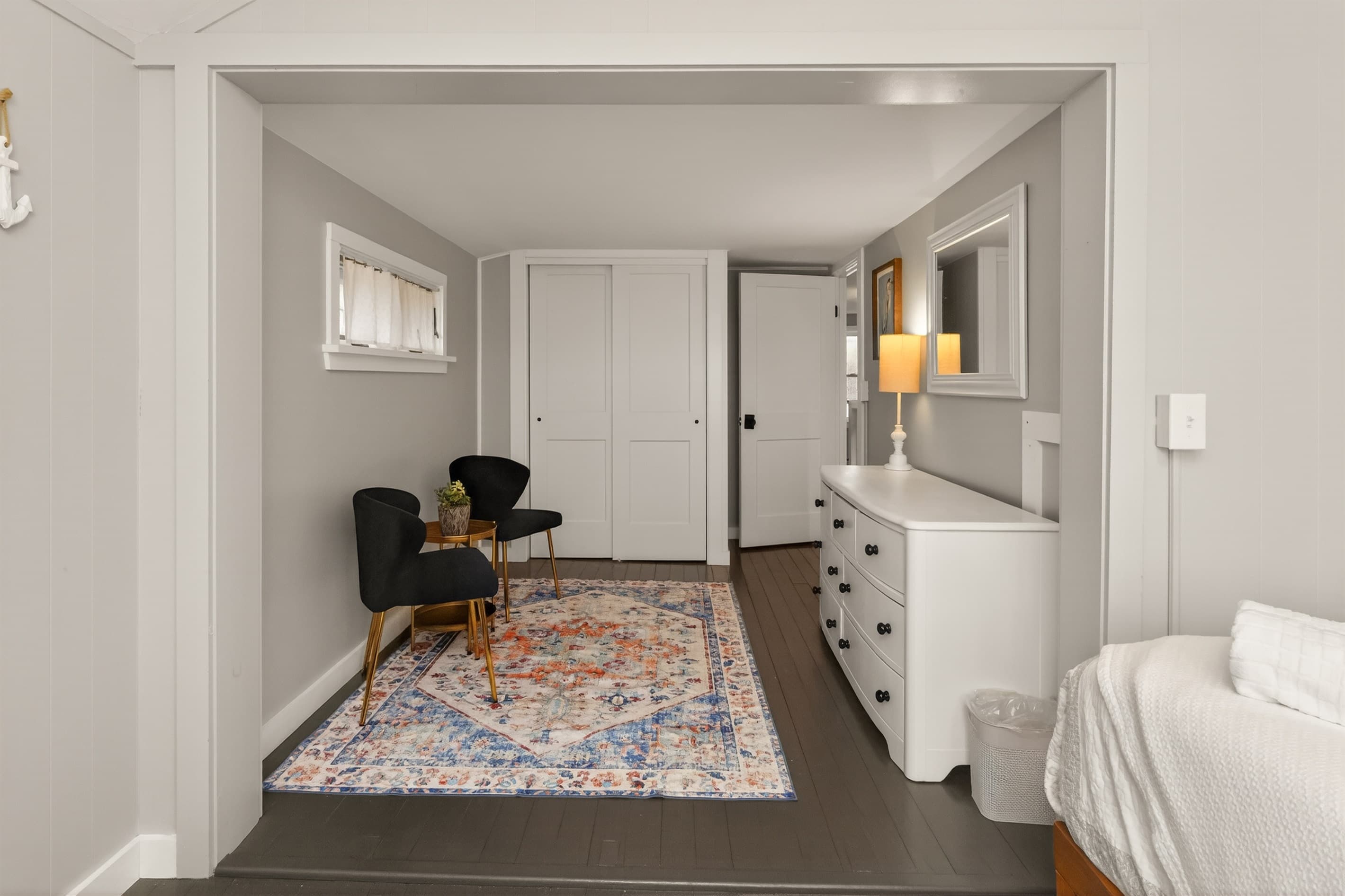 Guest room with upholstered bed