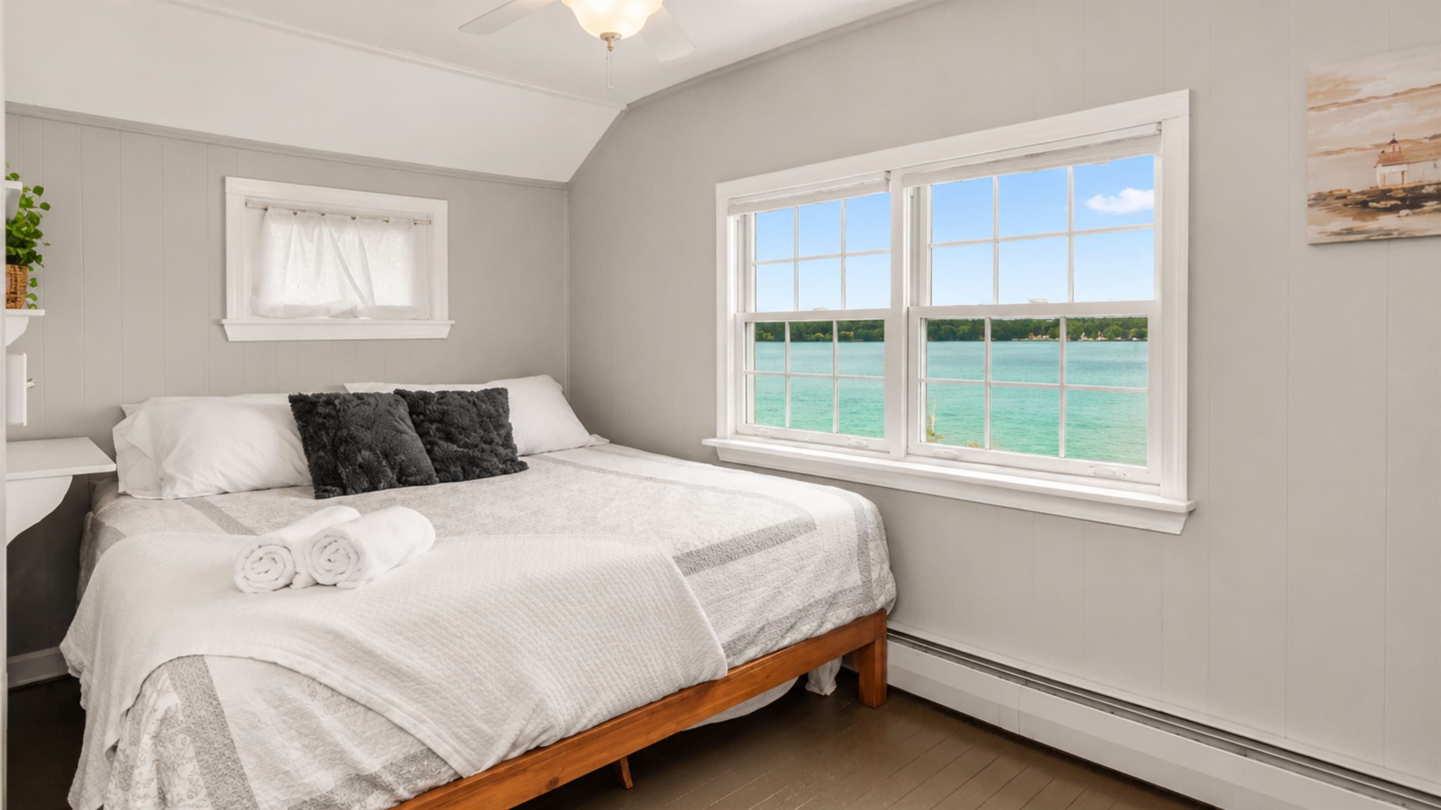 Bed with outdoor views through the window