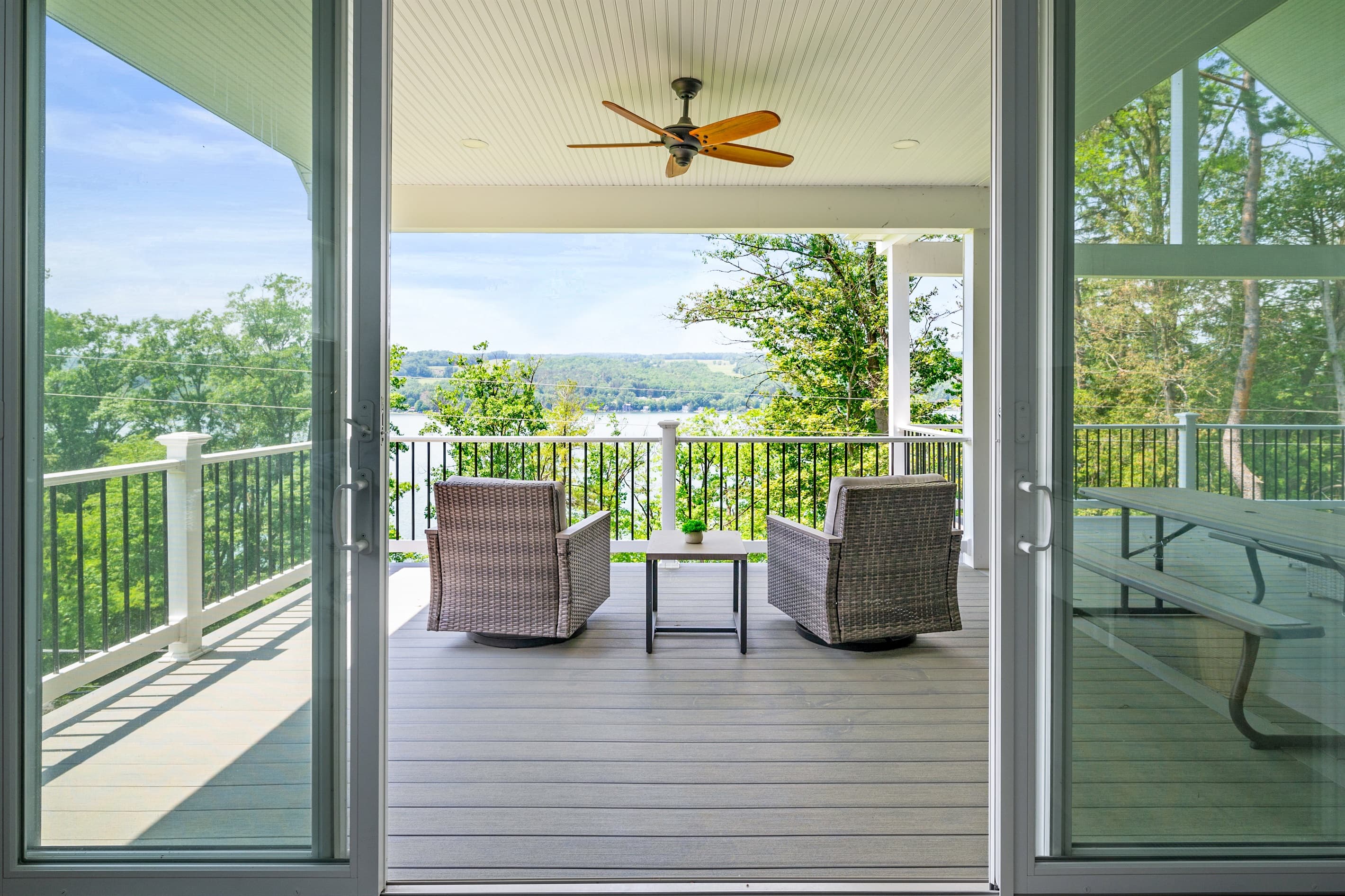 Covered deck with lake views