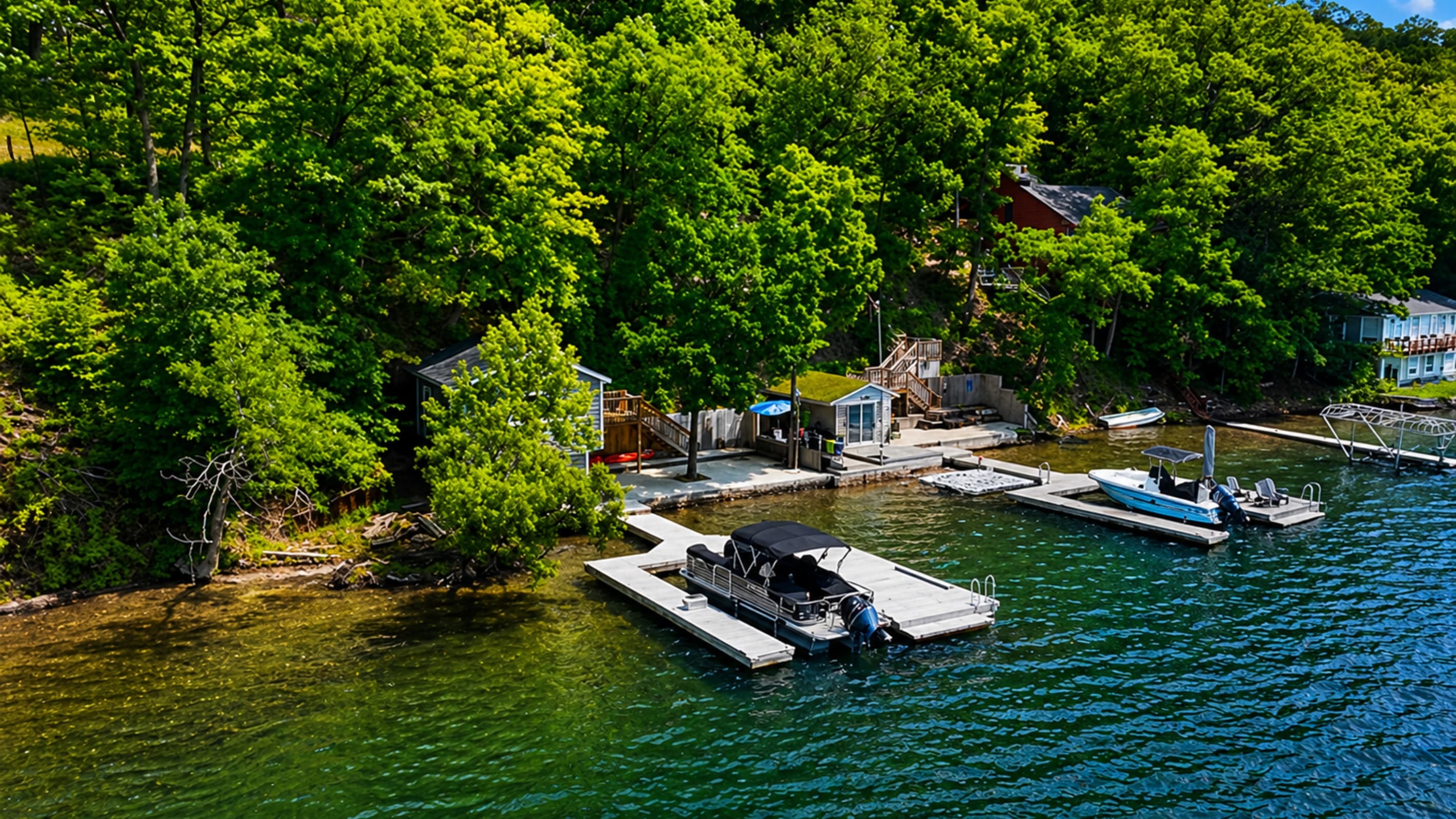 Aerial view of the wooded shoreline