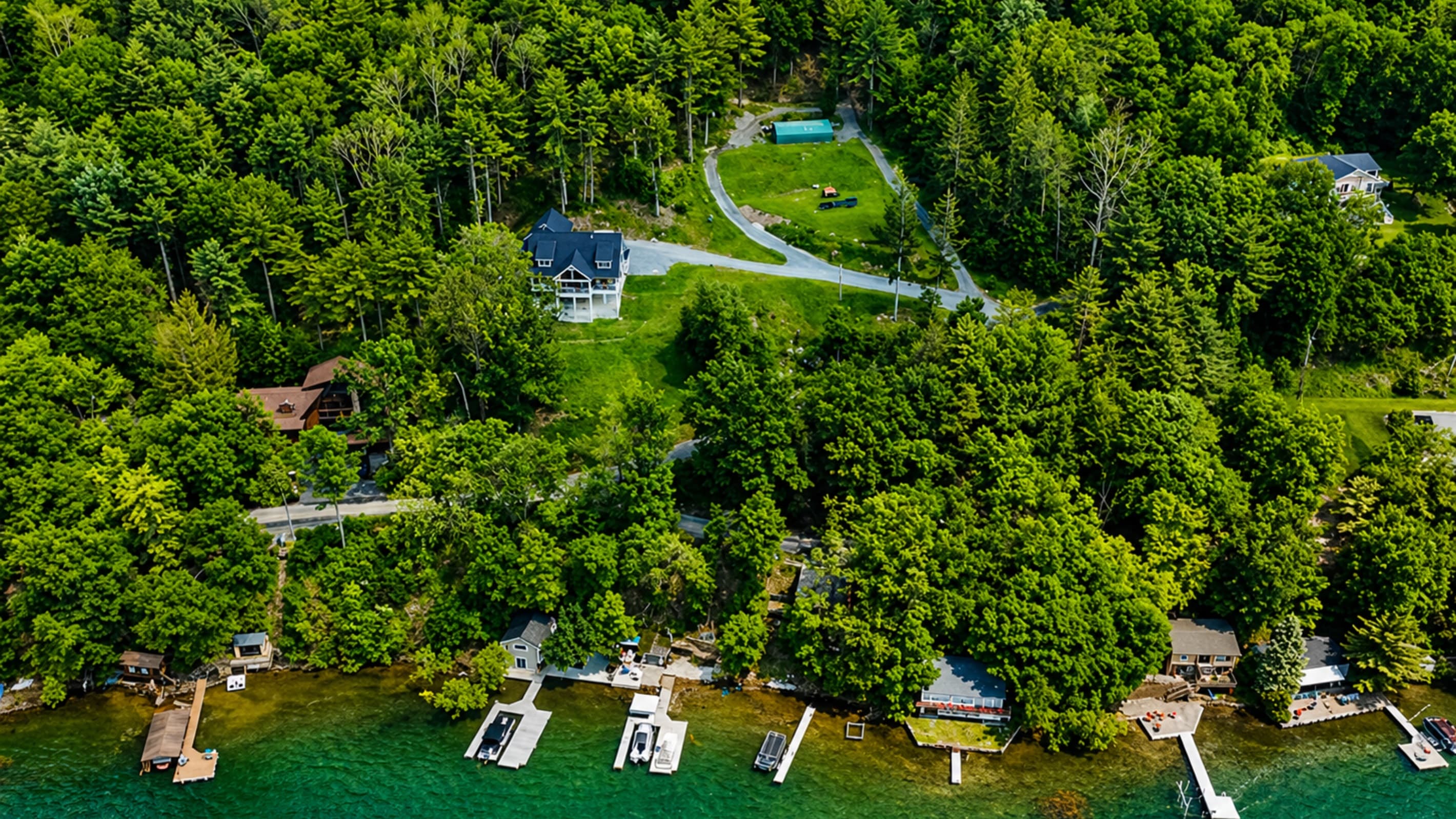 Aerial view of the wooded property