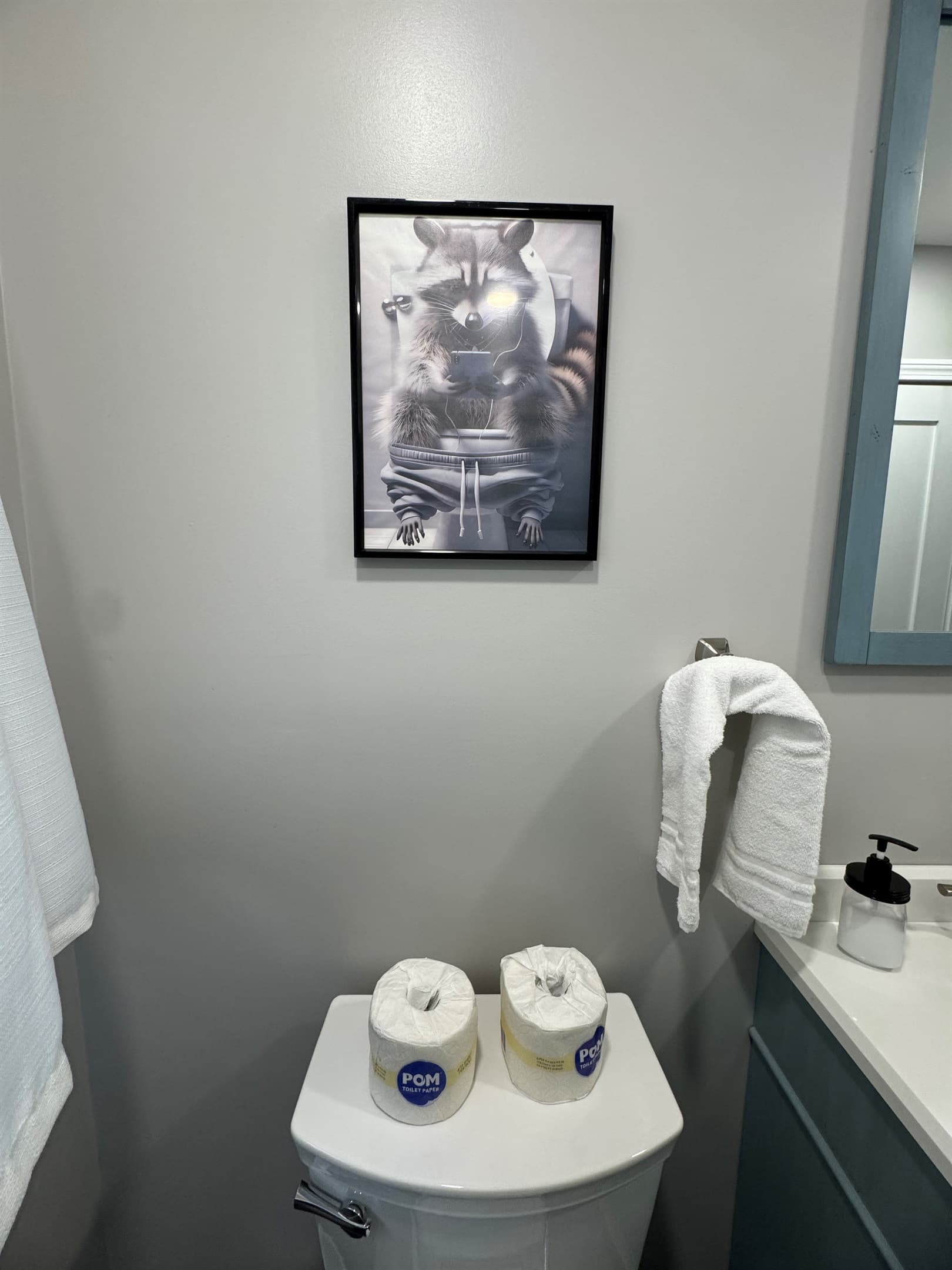 Bathroom shelf with toilet paper and hand towels