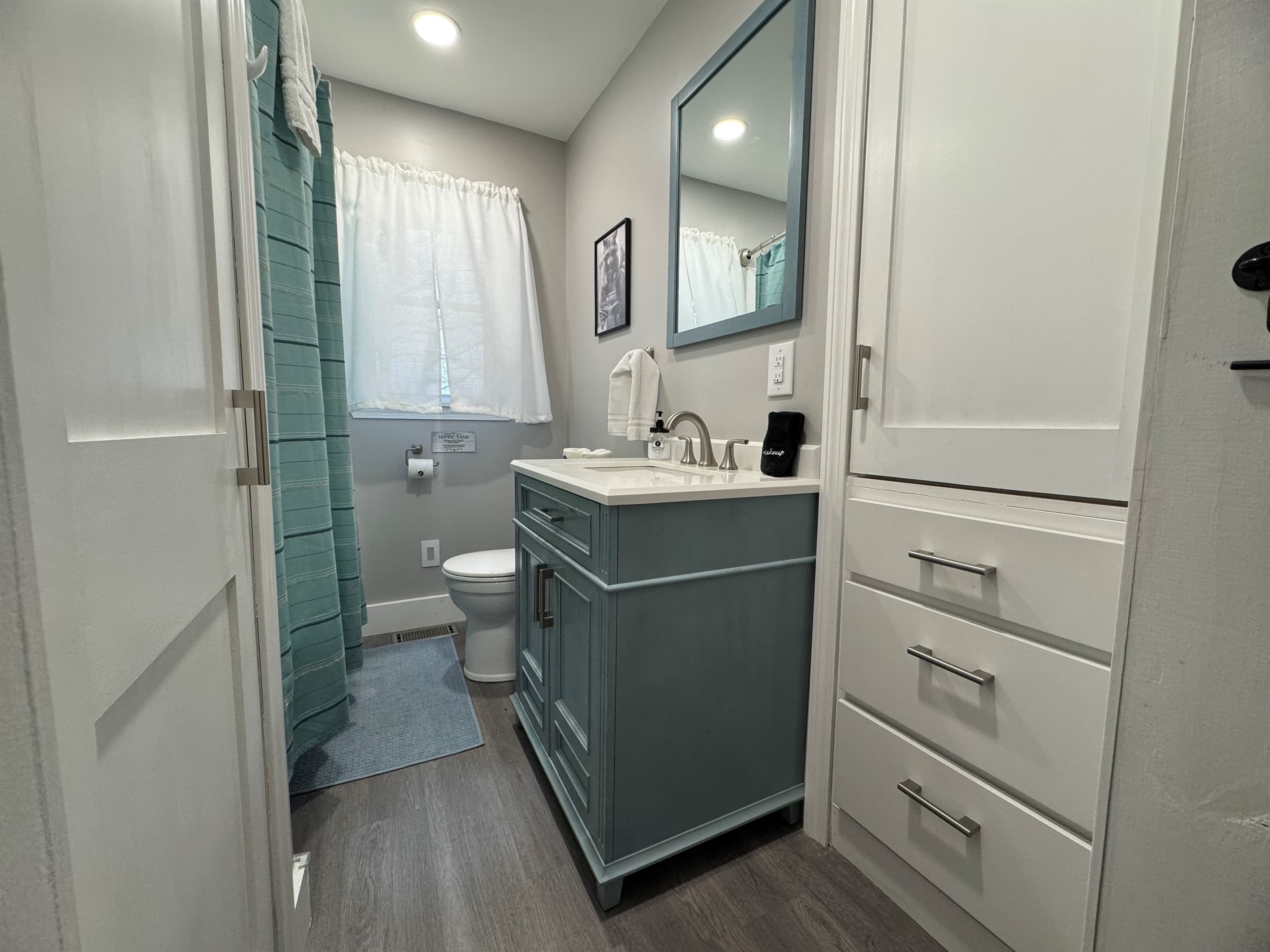 Bathroom with vanity, toilet, and shower curtain
