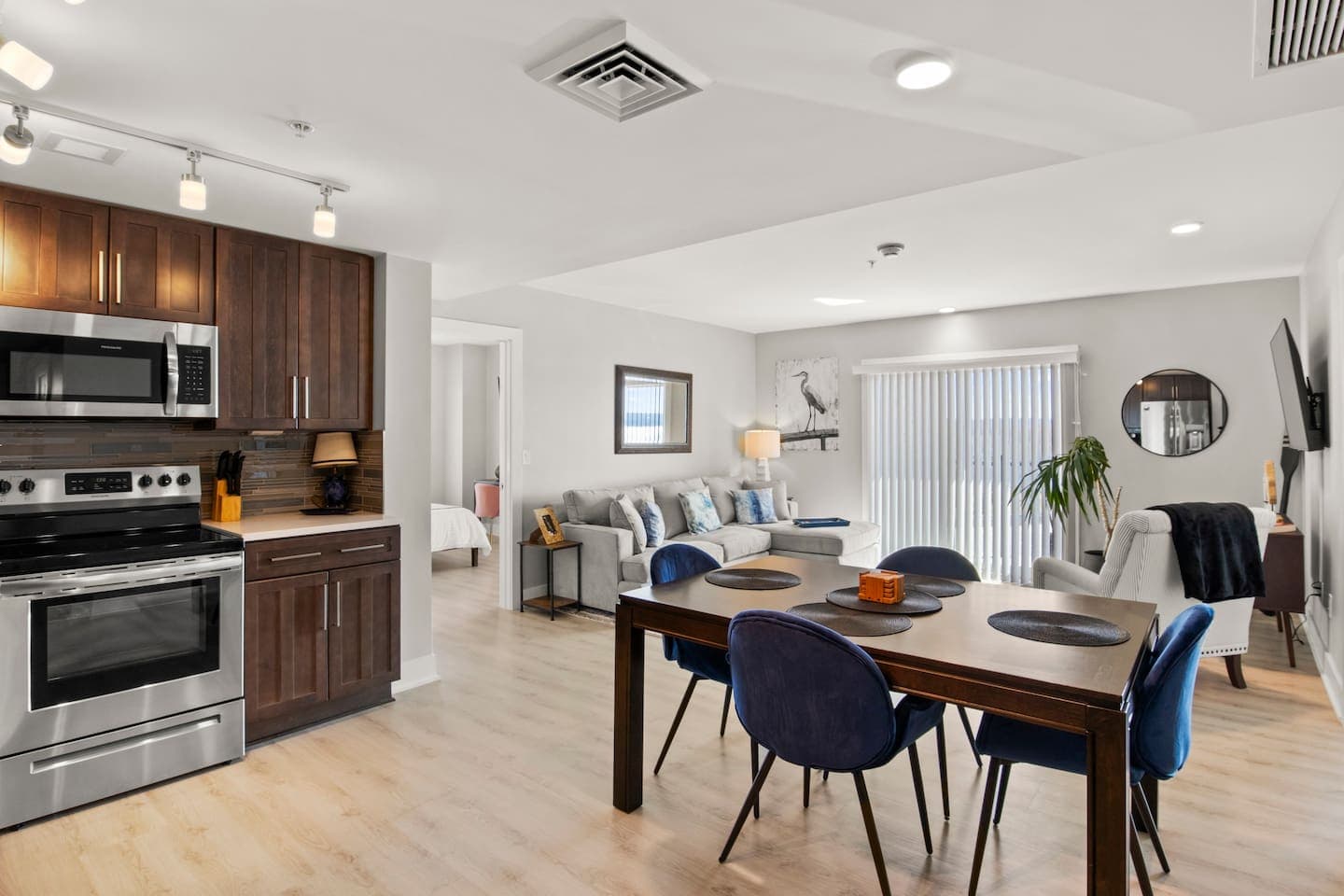 Open-plan living area with kitchen views