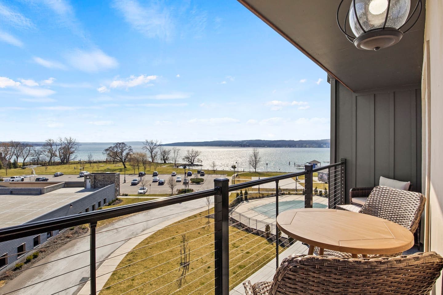 Balcony overlooking the waterfront grounds