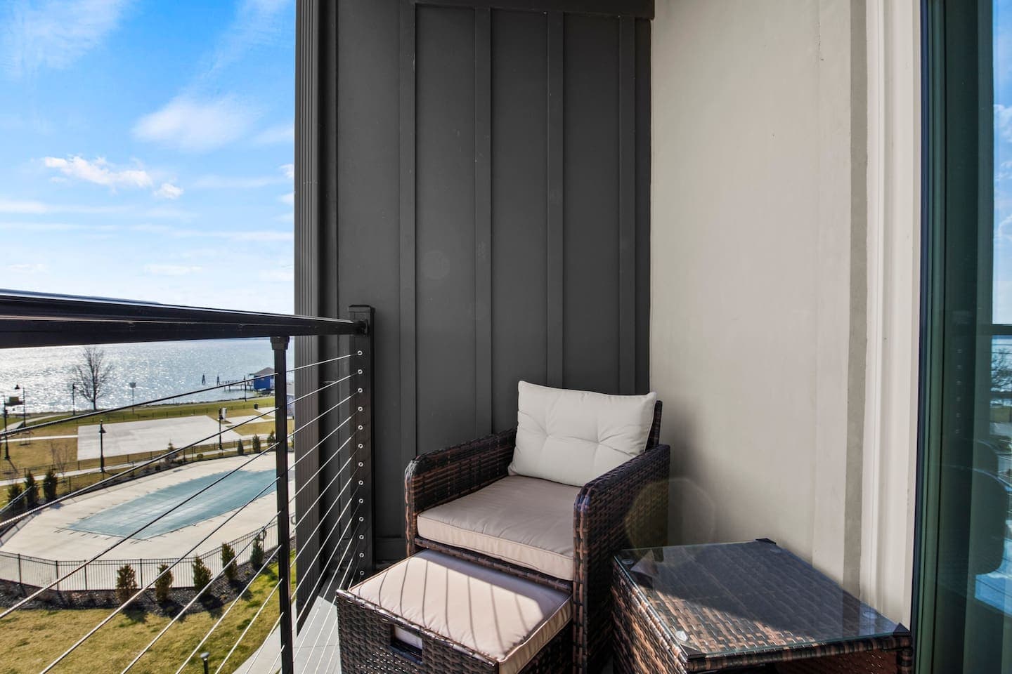 Private balcony with cushioned seating