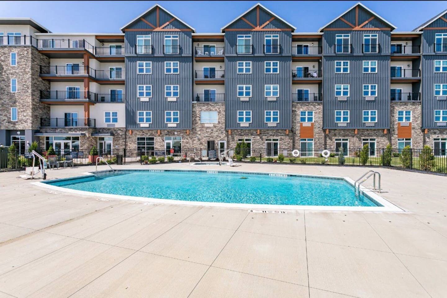 Hotel waterfront with outdoor pool