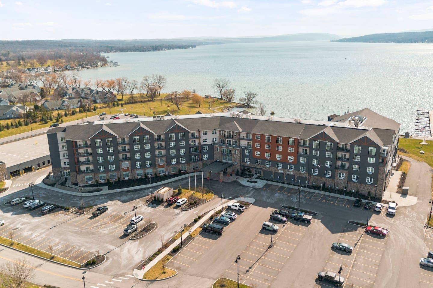 Aerial view of the building and waterfront