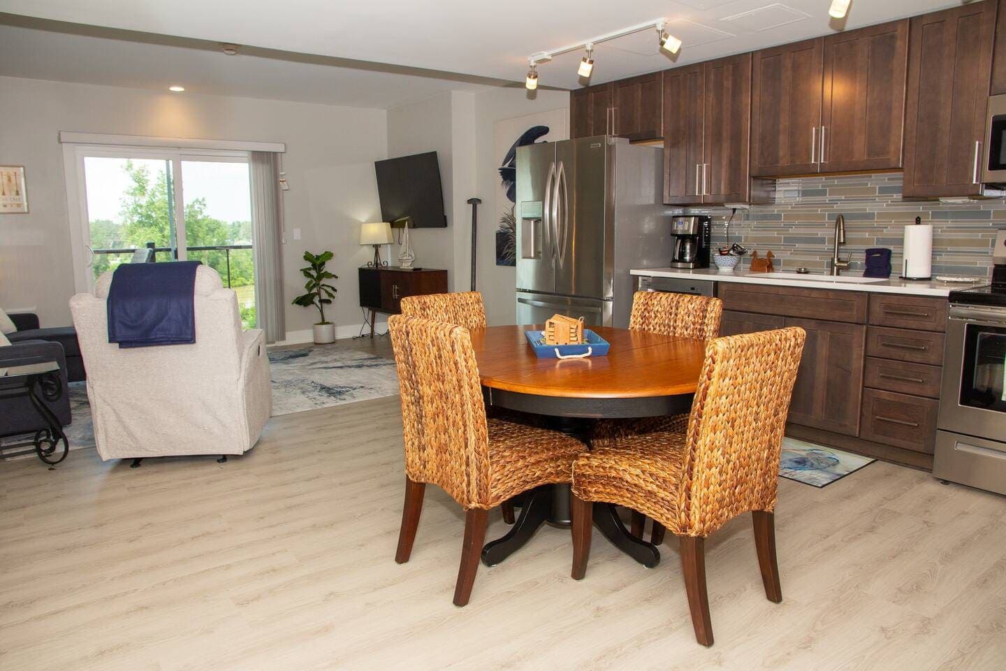 Dining area with orange chairs
