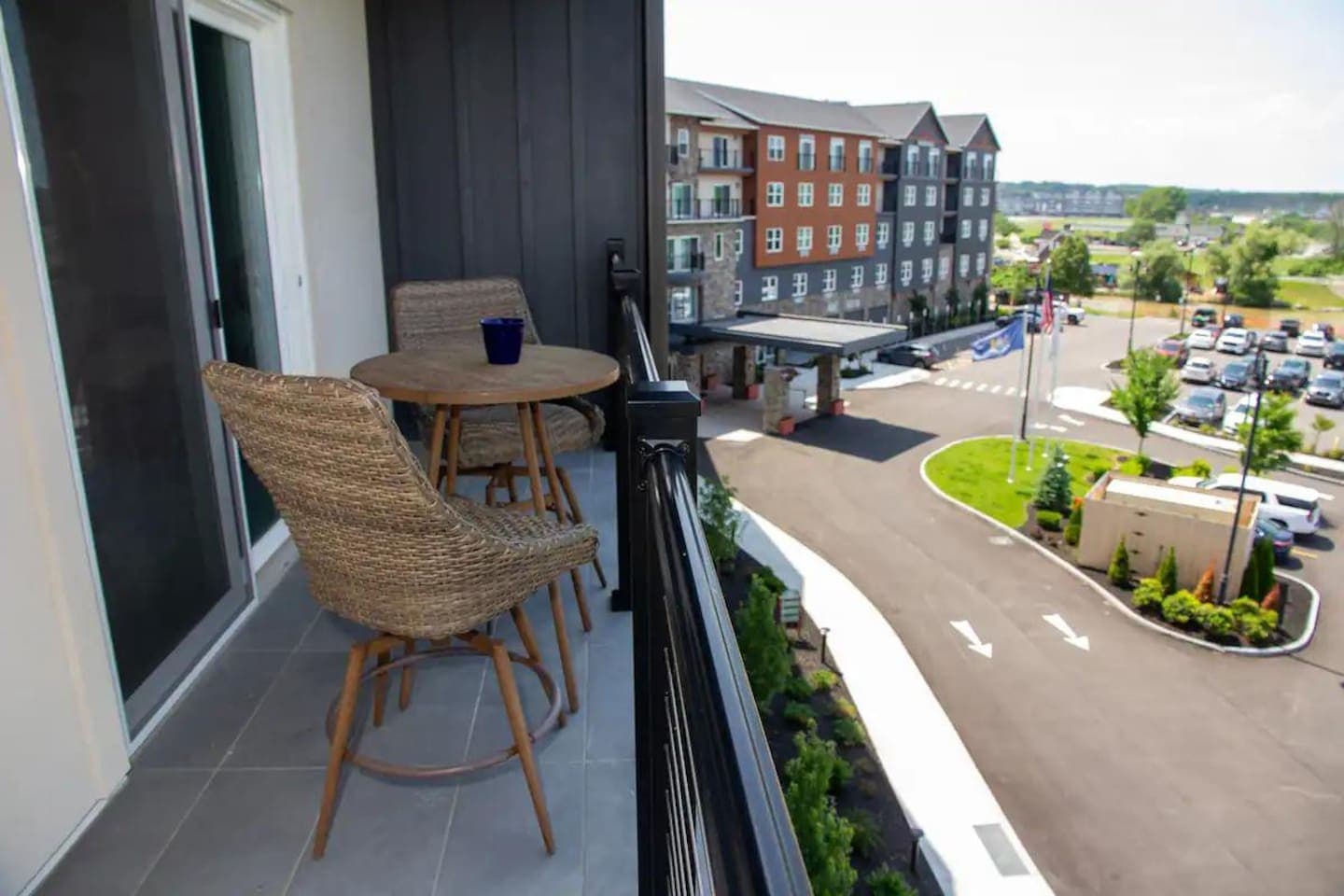 Balcony seating overlooking the grounds