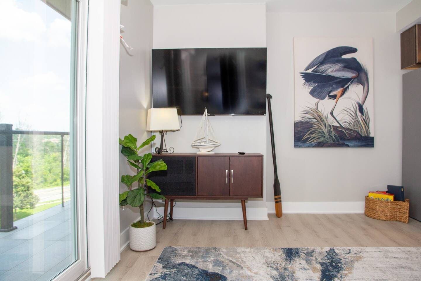 Living room with wall-mounted television