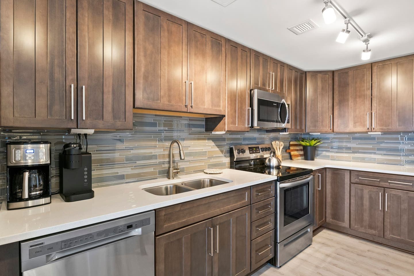 Kitchen with stainless-steel appliances