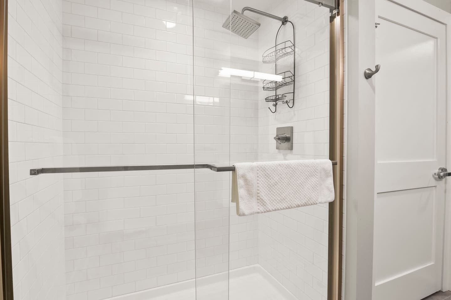 Walk-in shower with glass enclosure