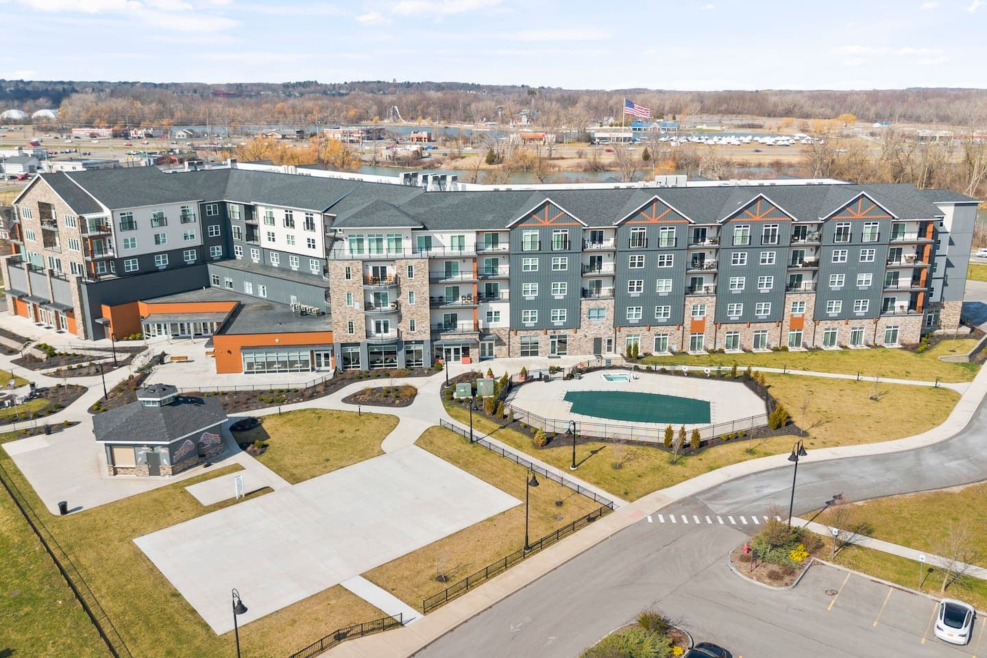 Aerial view of the waterfront building complex