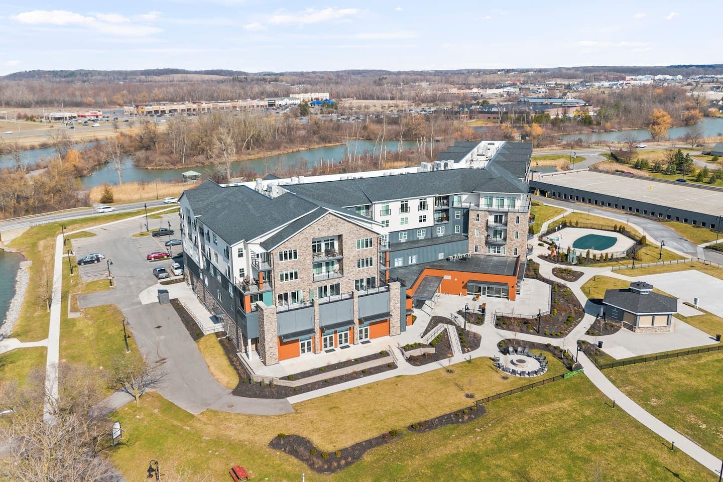 Overhead view of the landscaped property grounds