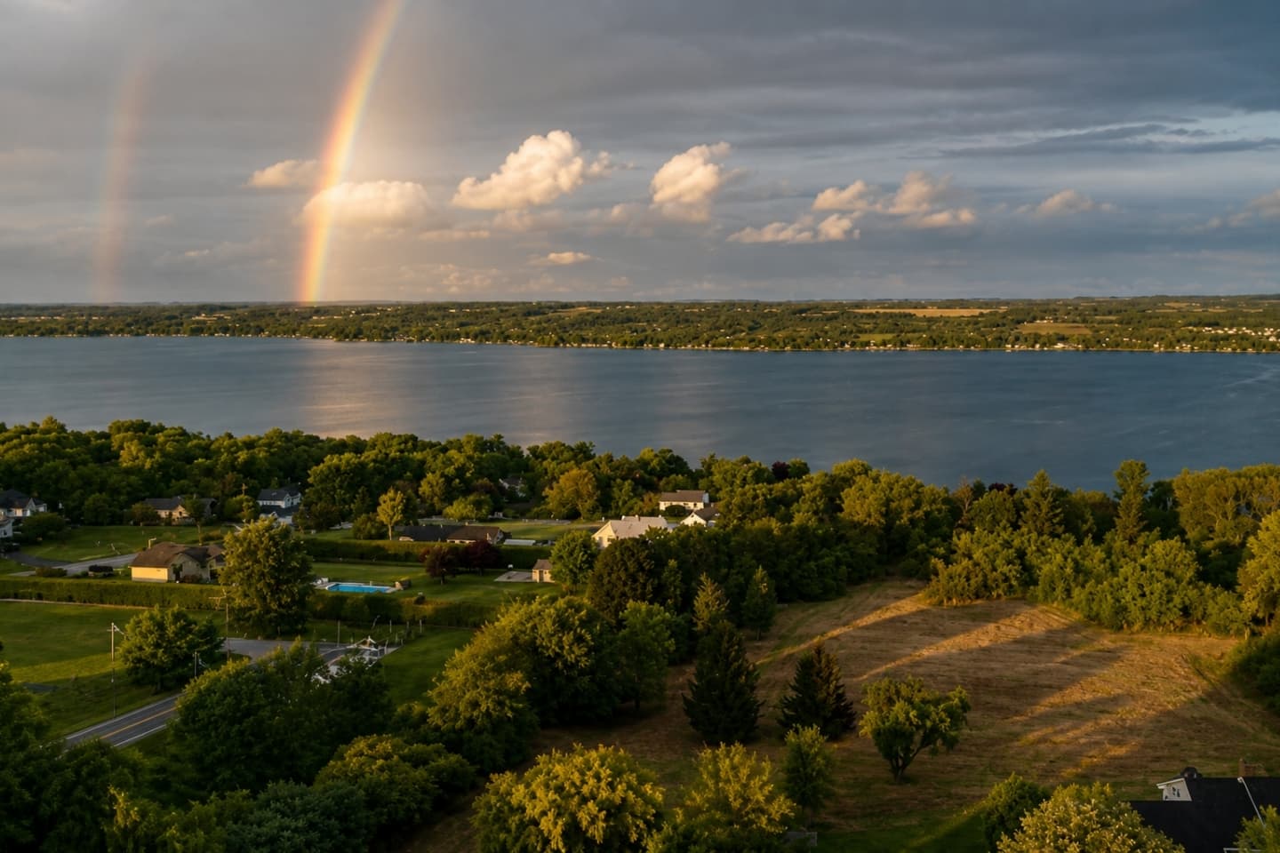 Aerial view of Canandaigua Lake and surrounding hills