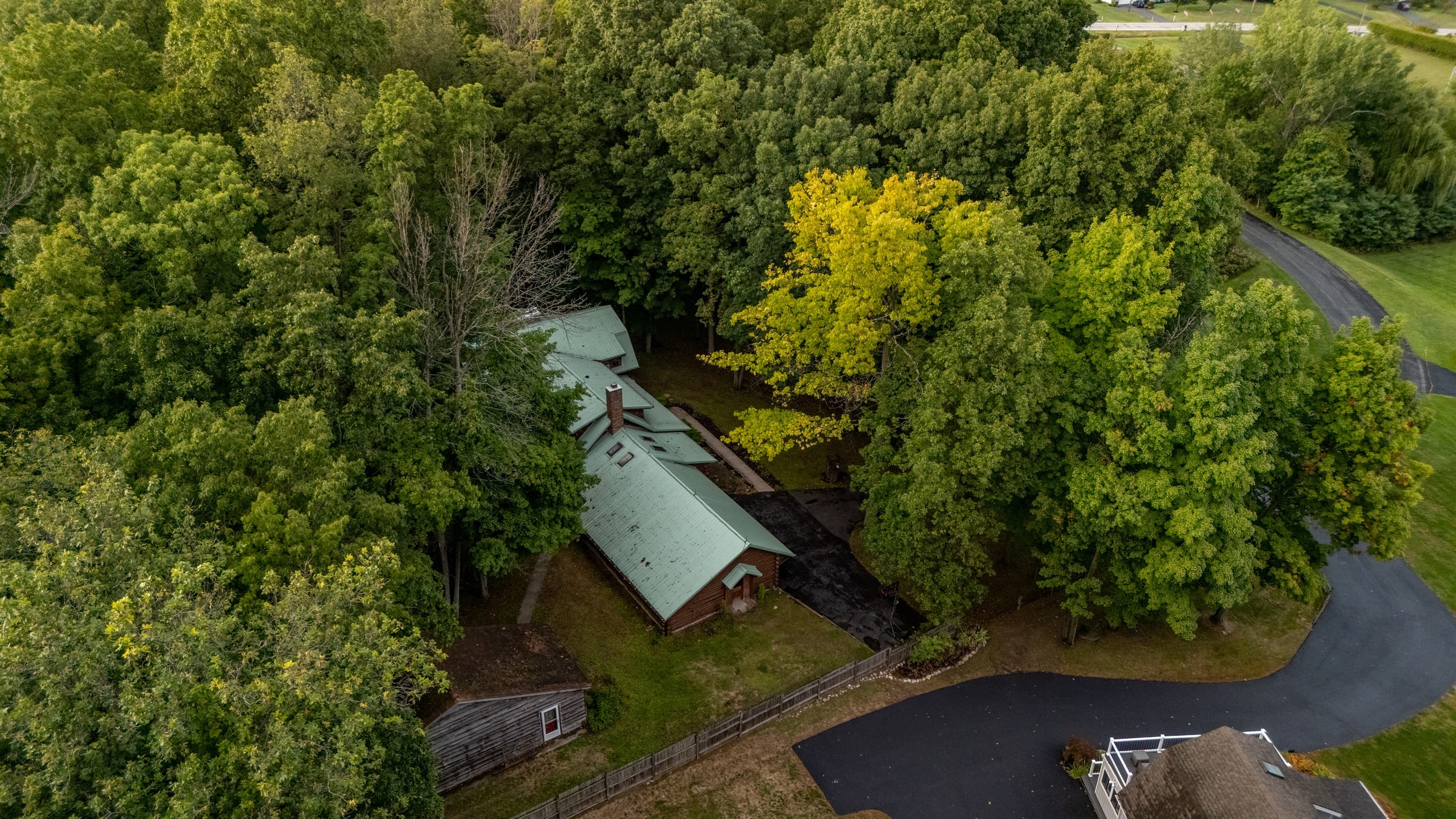 Aerial view of the forested cabin property