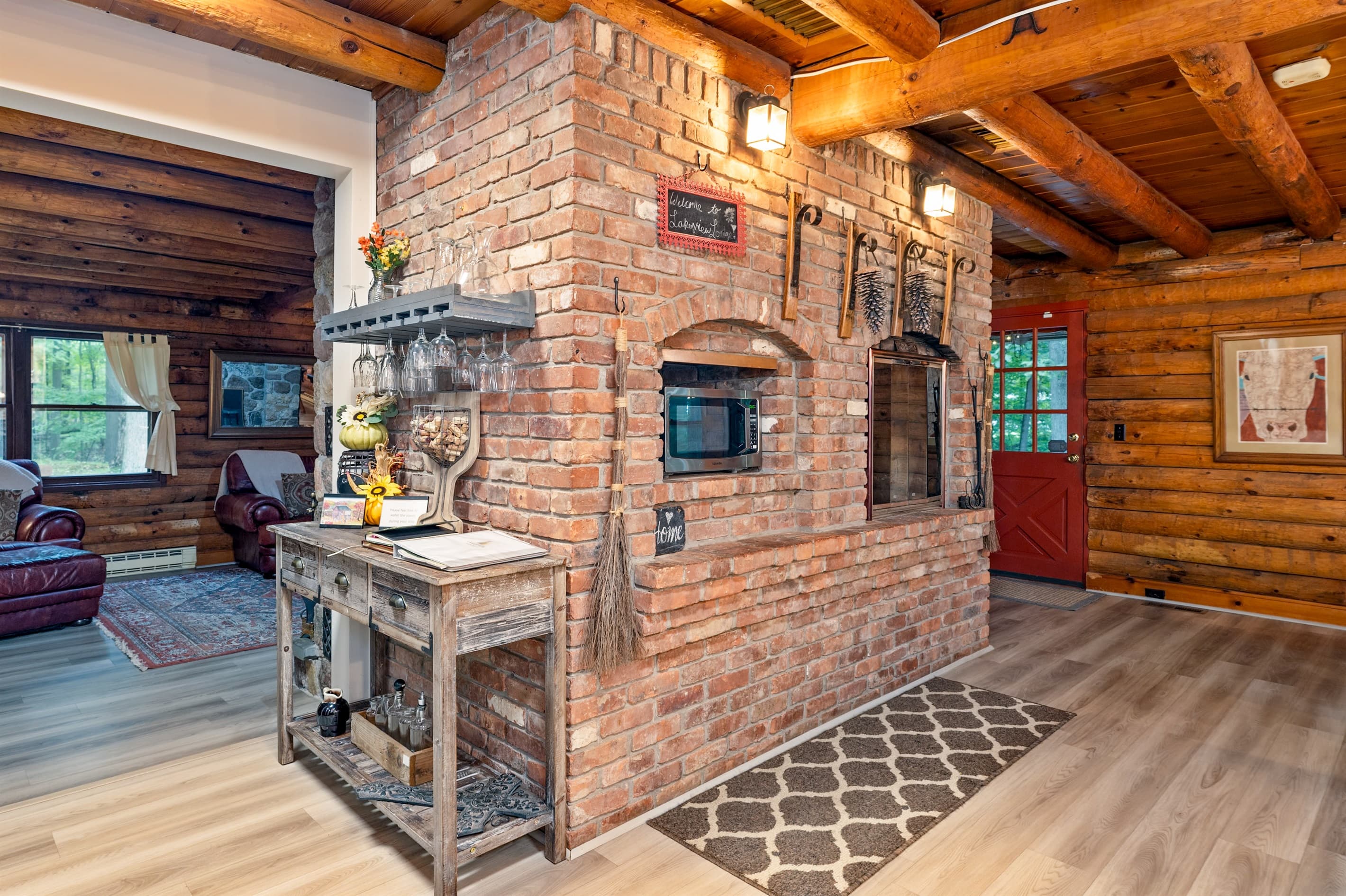 Kitchen with built in microwave and fireplace