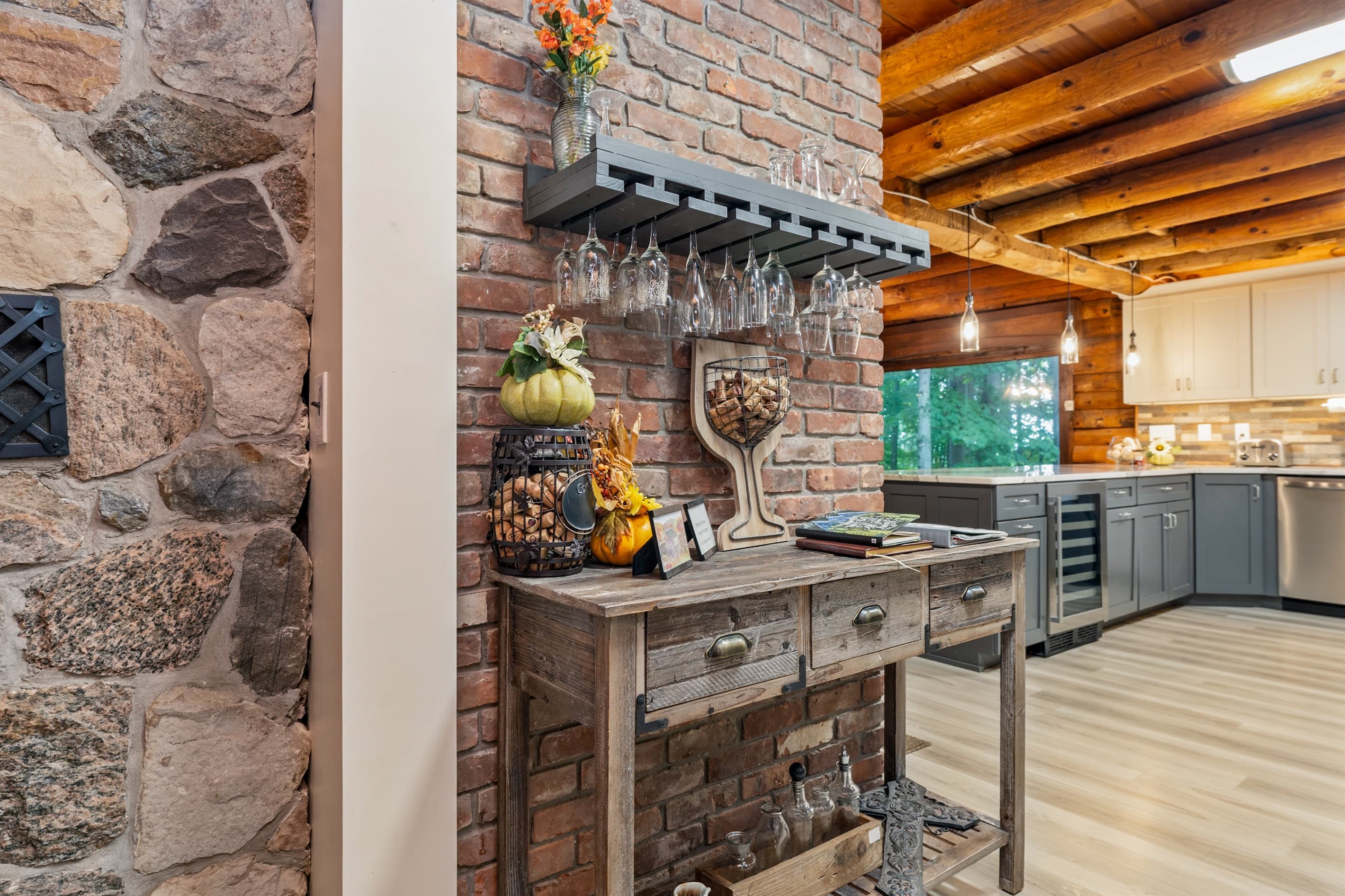Built in bar positioned on a brick wall 