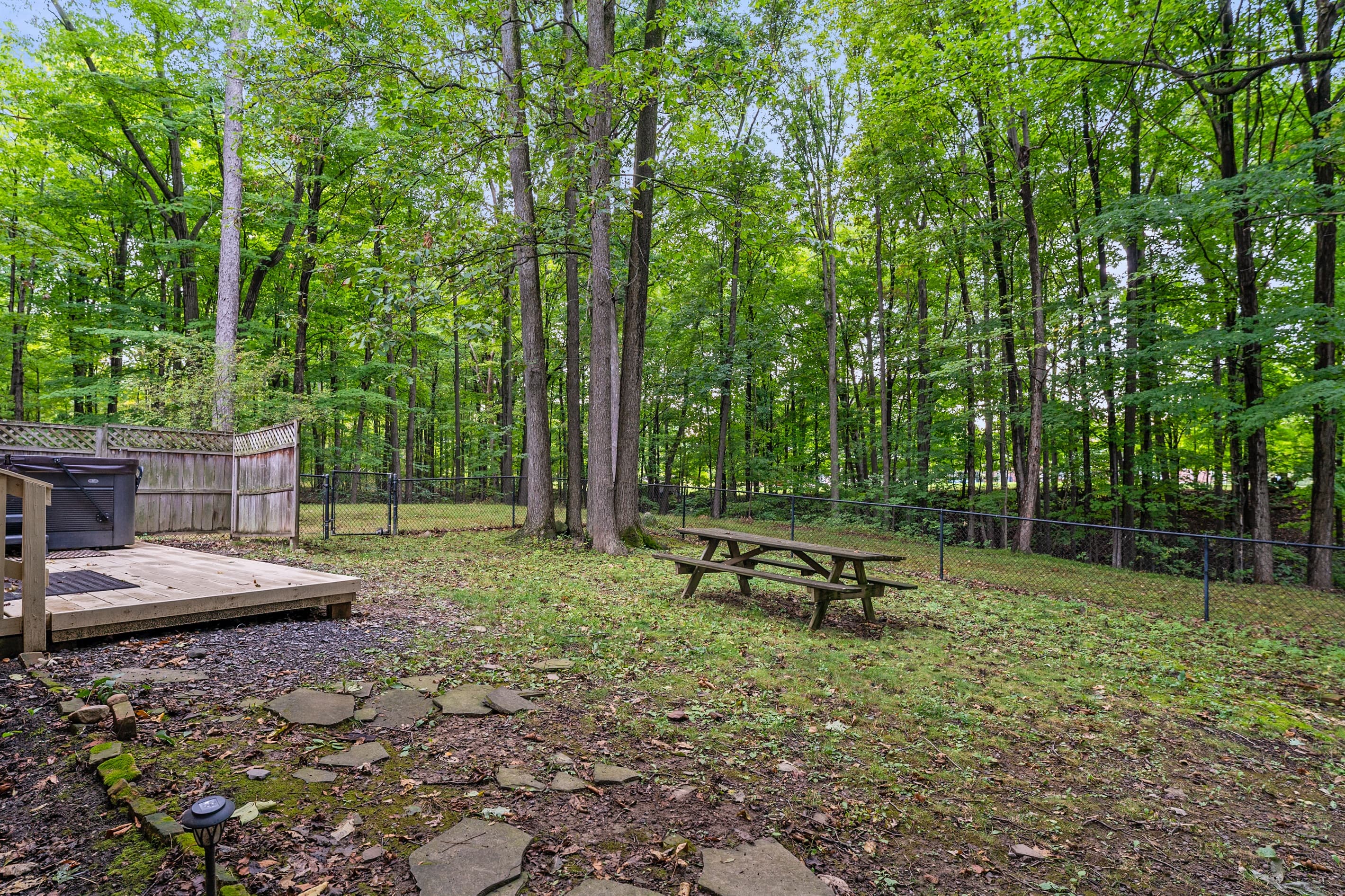 Fenced backyard surrounded by tall trees