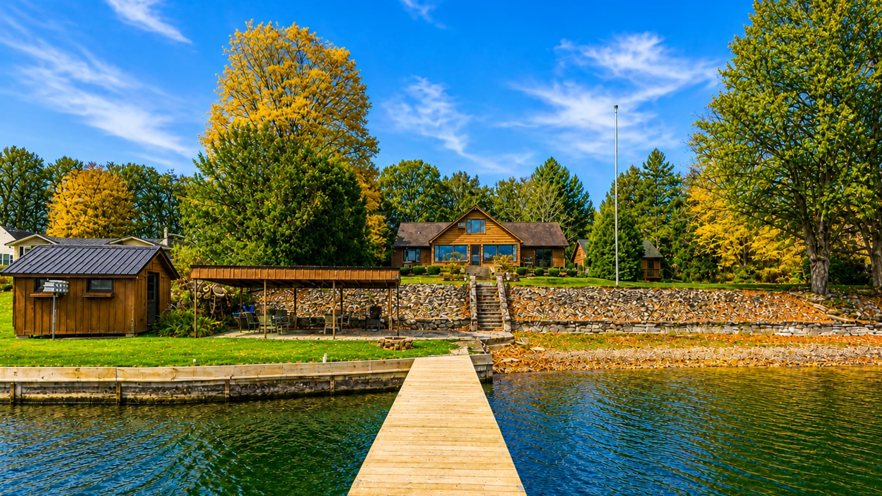 Lakeside canopy with outdoor dining area