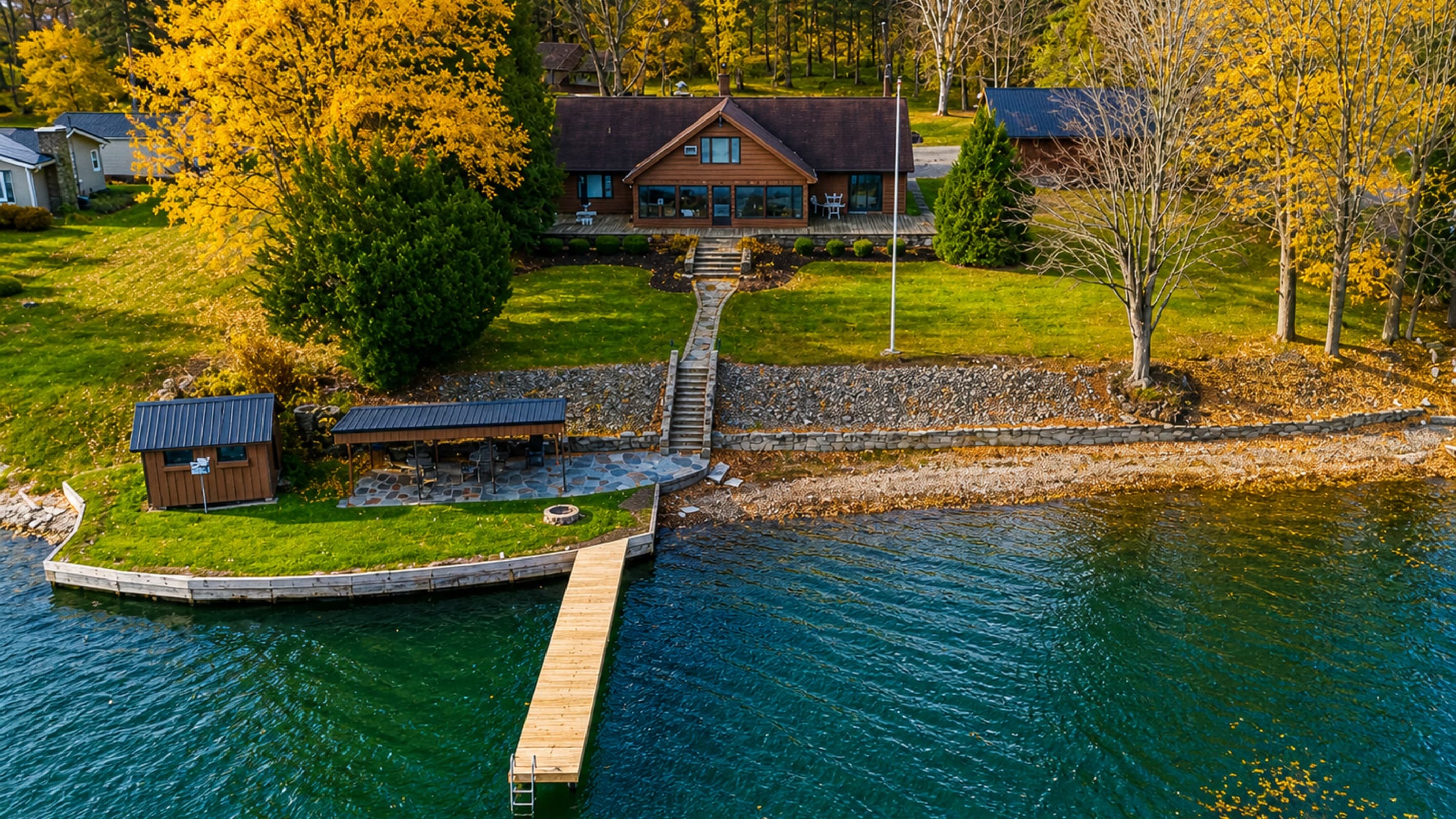 Aerial view of the main house and dock