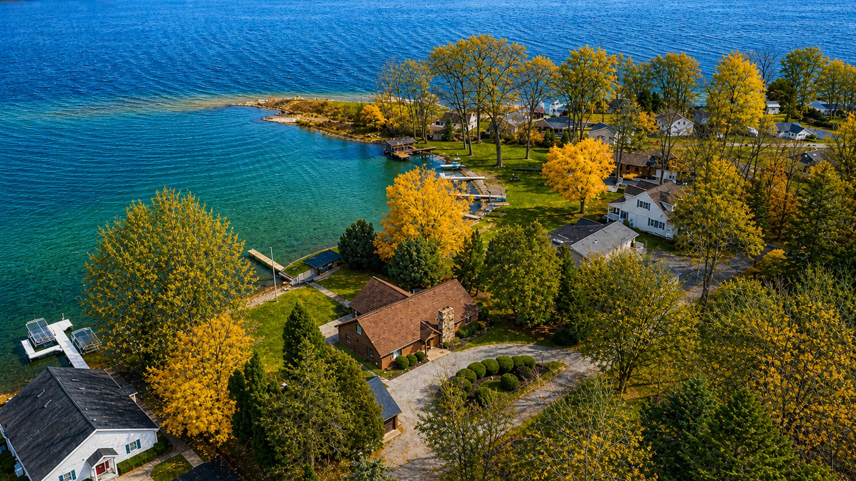 Aerial perspective across the lakefront neighborhood