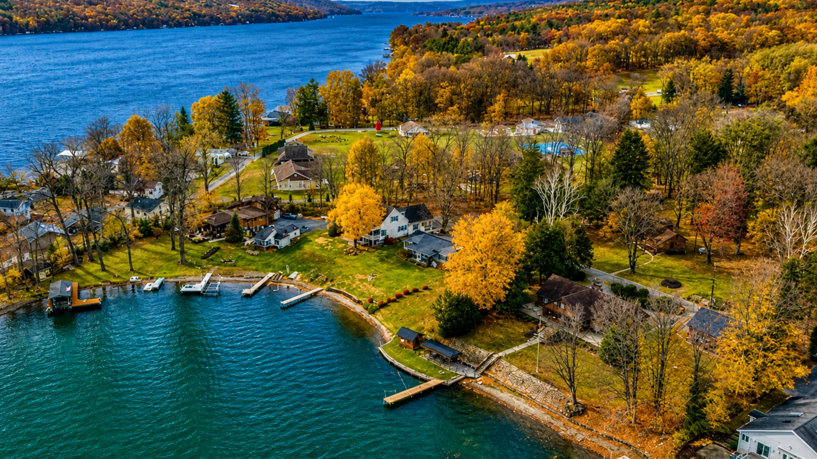 Aerial view showing both houses near the lake