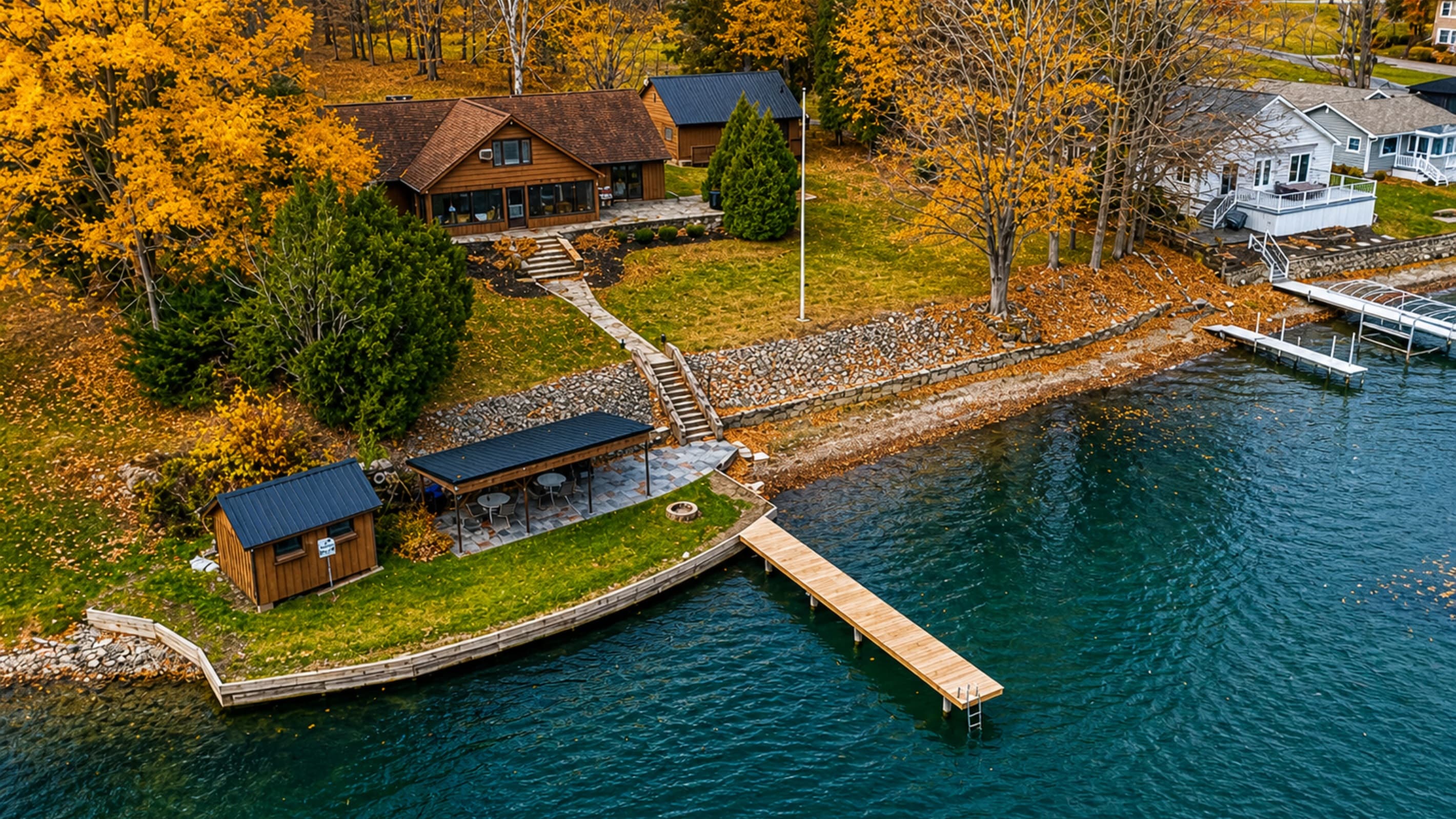 Waterfront property surrounded by autumn foliage