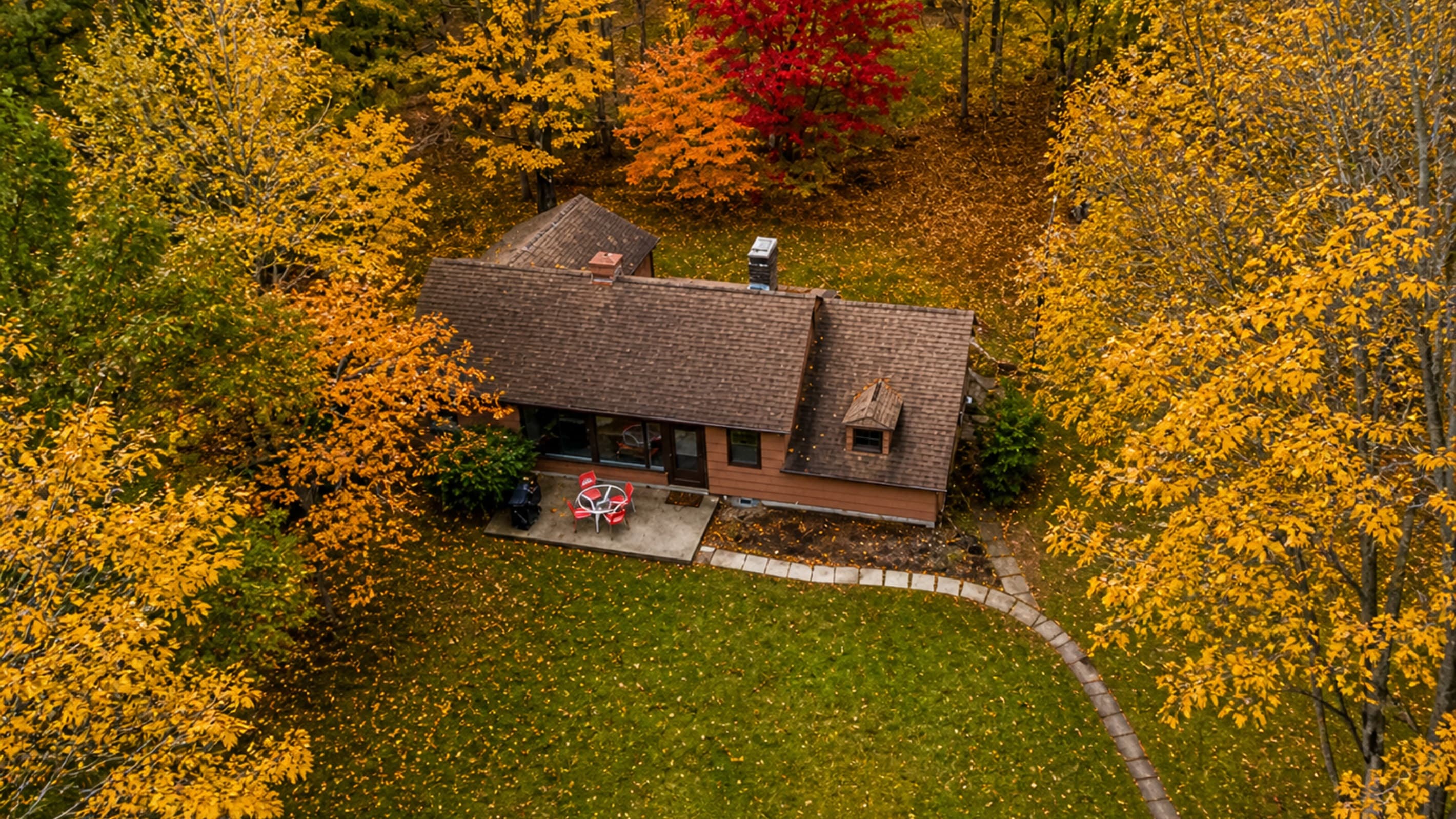 Aerial view of the guesthouse among autumn trees