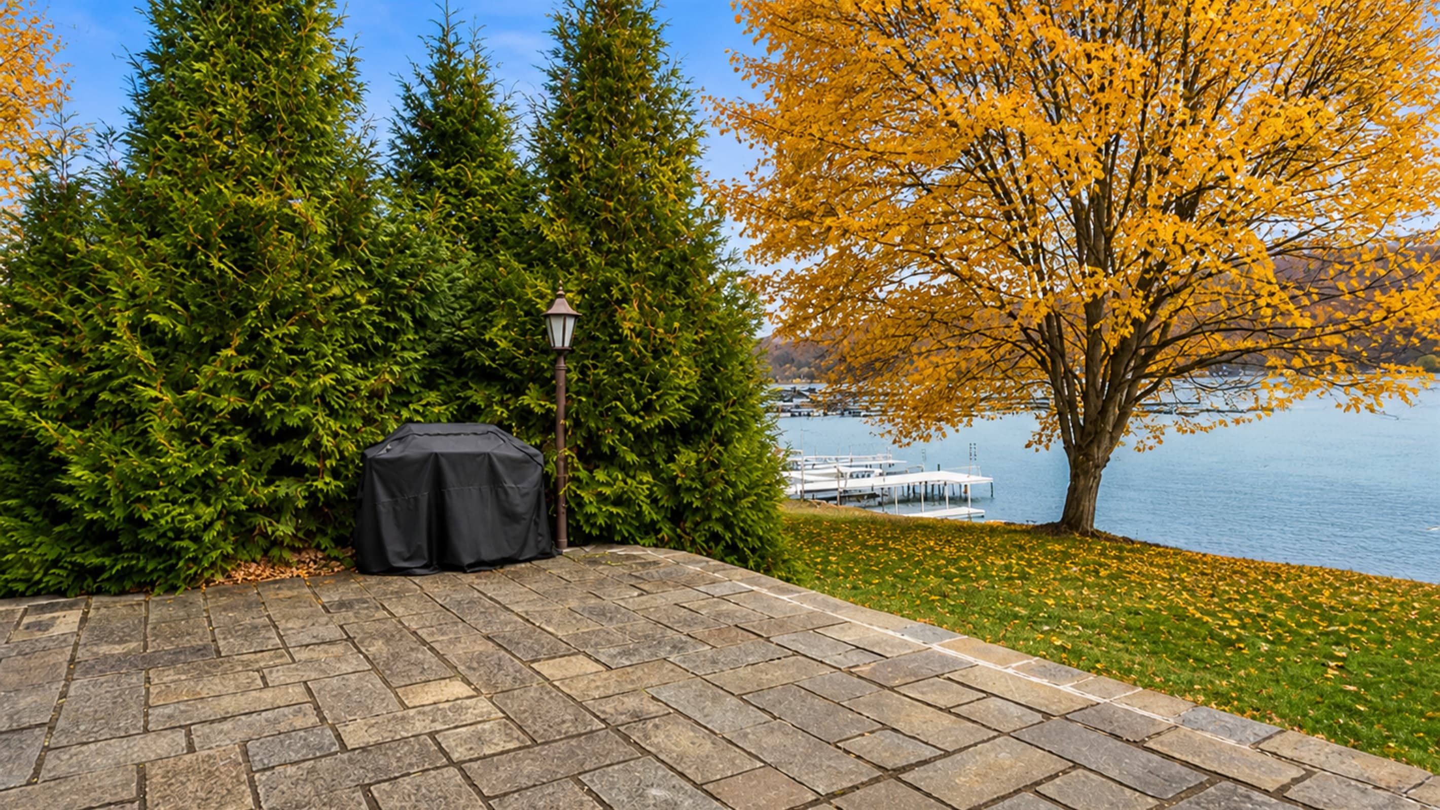 Stone patio overlooking the lake