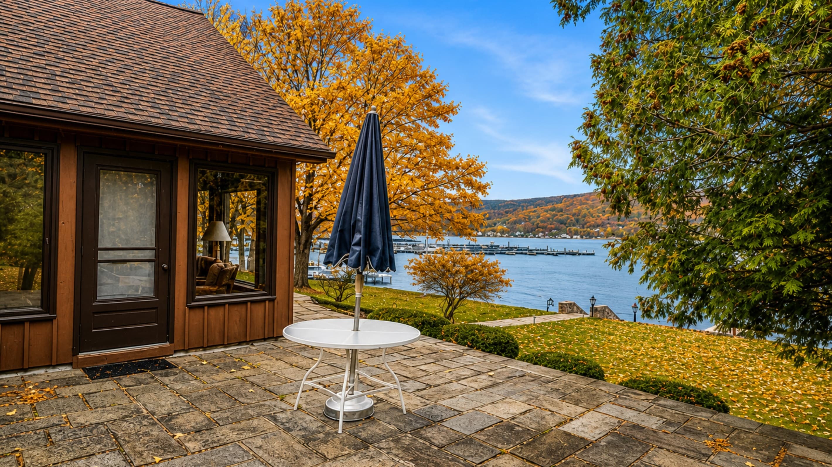 Patio seating with direct lake views