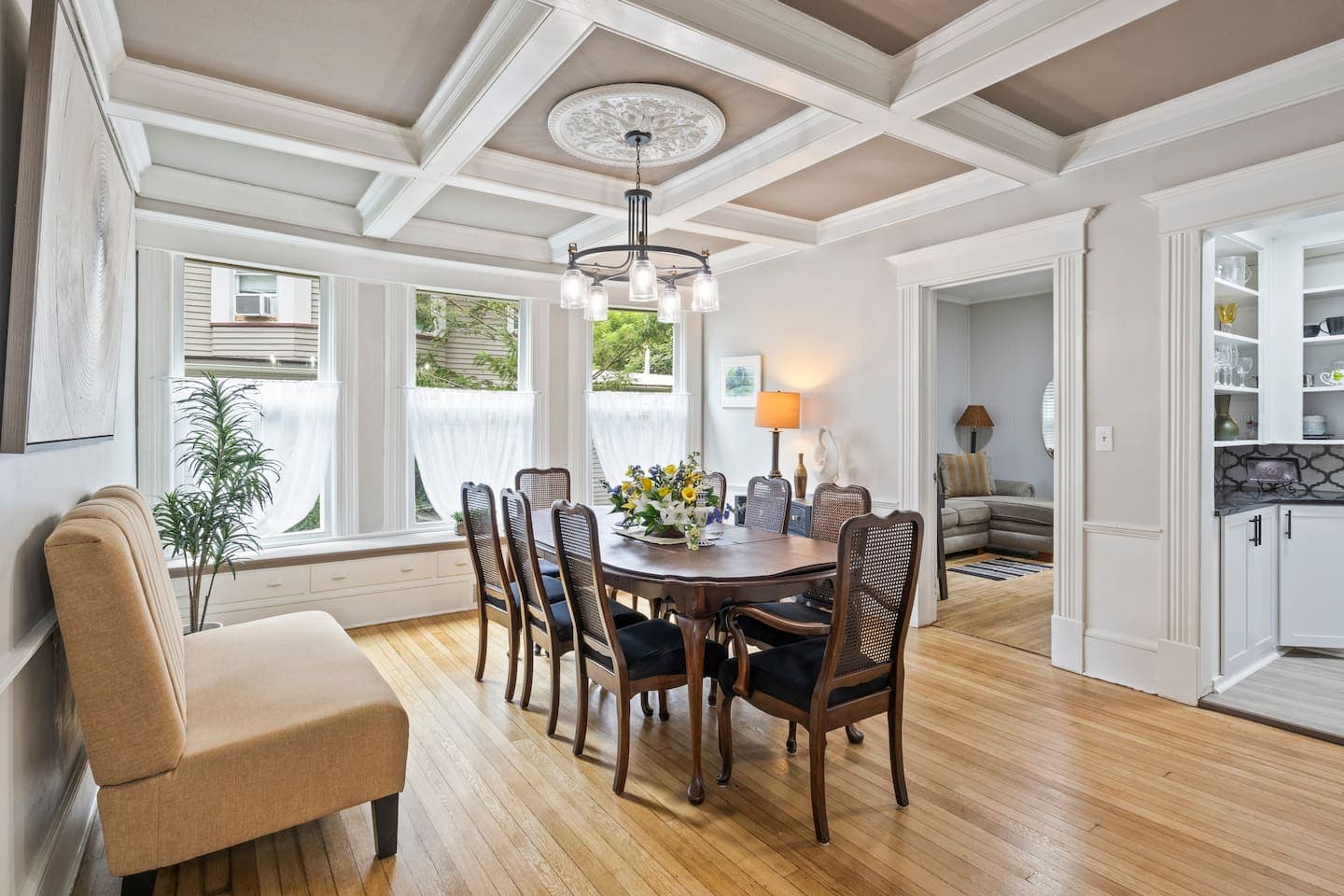 Dining room with wood table and window seating