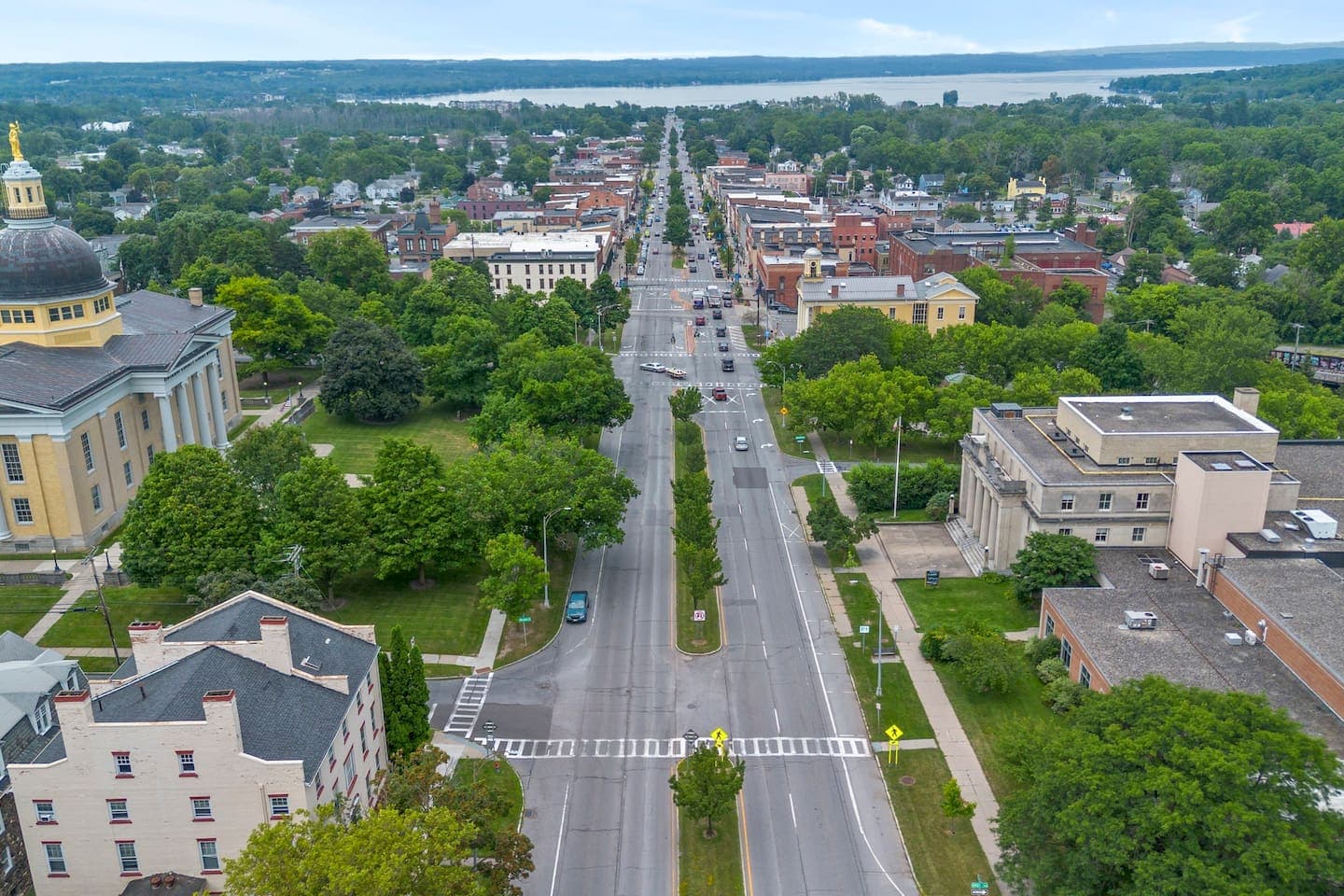 Aerial view toward downtown and the lake