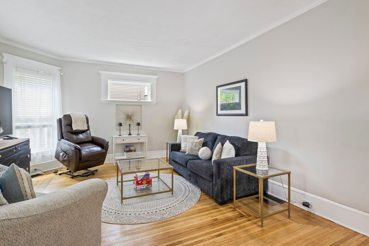 Open living space with multiple seating areas