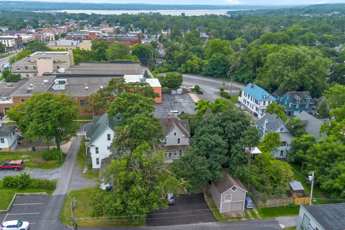 Aerial view of the home and parking area